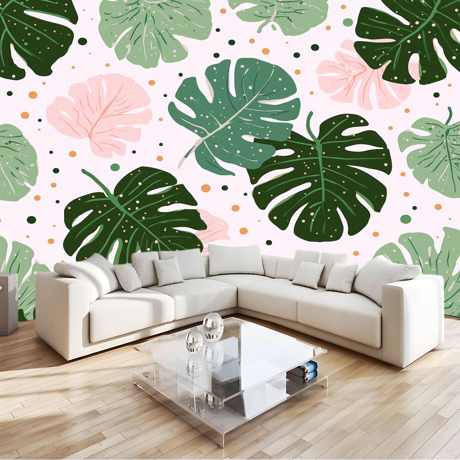 Profesjonalna tapeta z włókniny 200 x 140 cm, odporna na zabrudzenia tapeta do kuchni i jadalni, dekoracja ścienna nordycka biała tropikalna monstera kropki