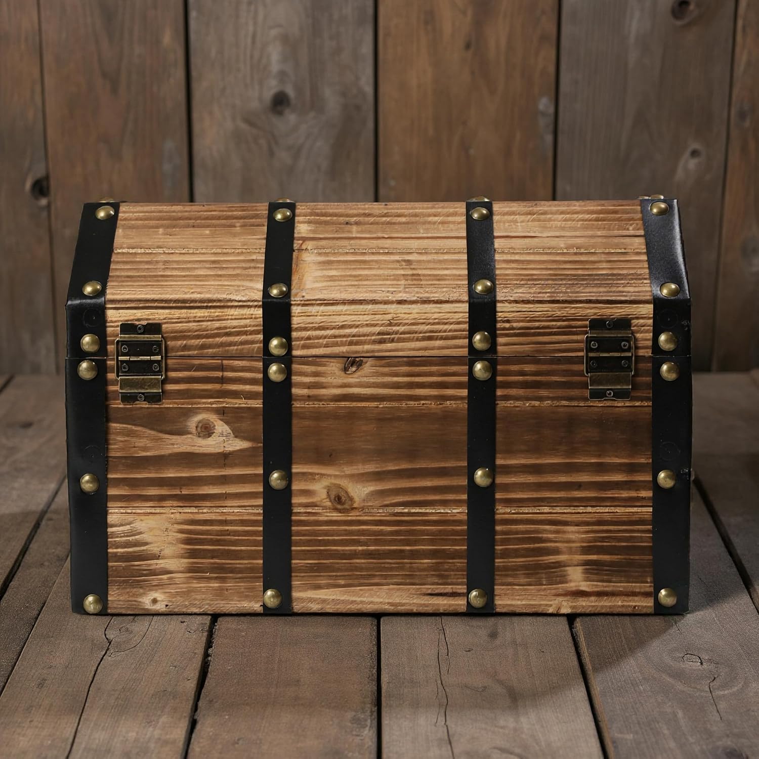 Vintiquewise Wooden Treasure Chest Trunk Vintage-Style Storage Box with Leather Straps Brass Rivets Lion Head Ornaments & Latch Closure Decorative Accent and Functional Organizer for Home Décor, Large