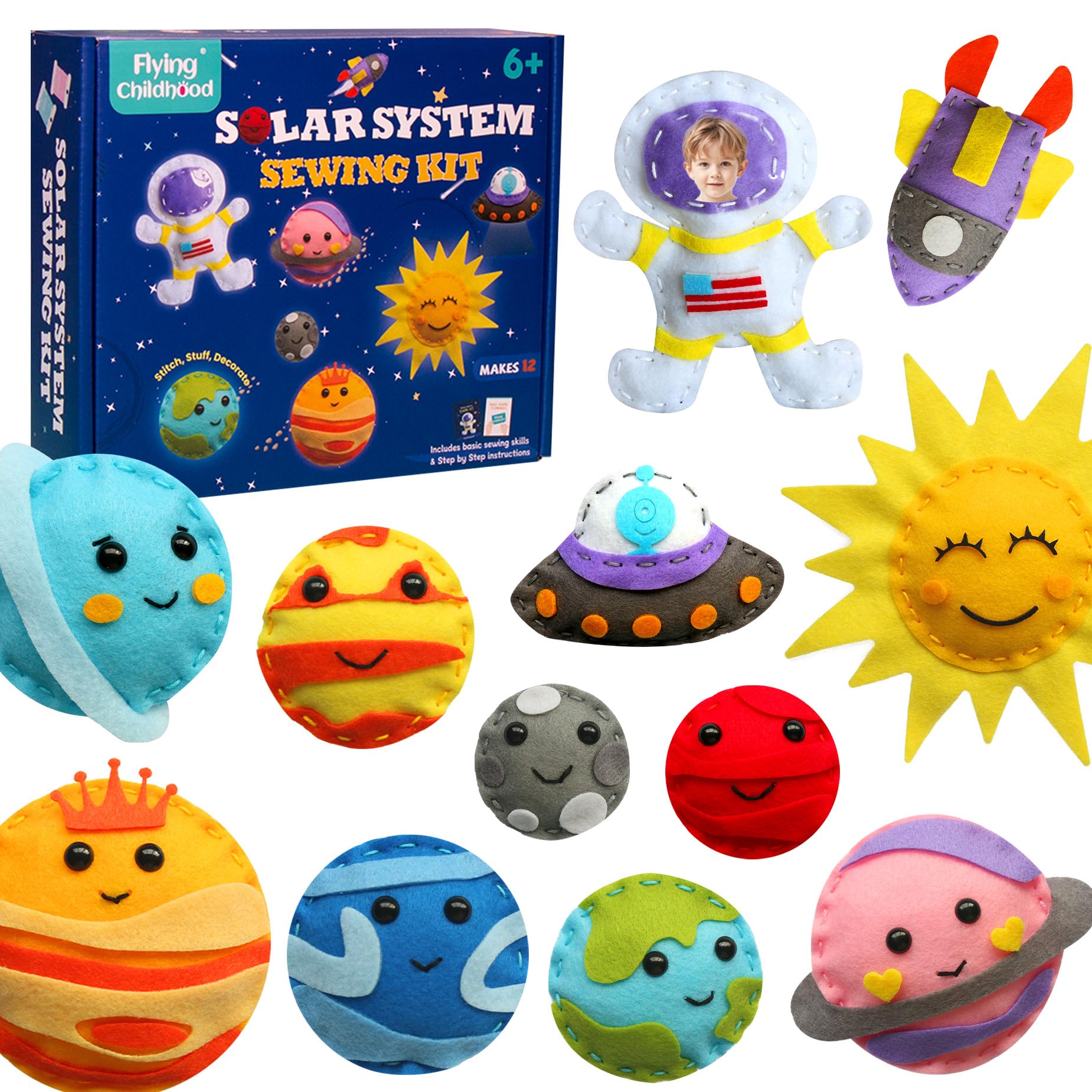 Flying Childhood Solar System Sewing Kit for Kids - Beginner Felt Craft Kits - Montessori Toys Gifts for Girls Boys 6 7 8 9 Toddler DIY Projects