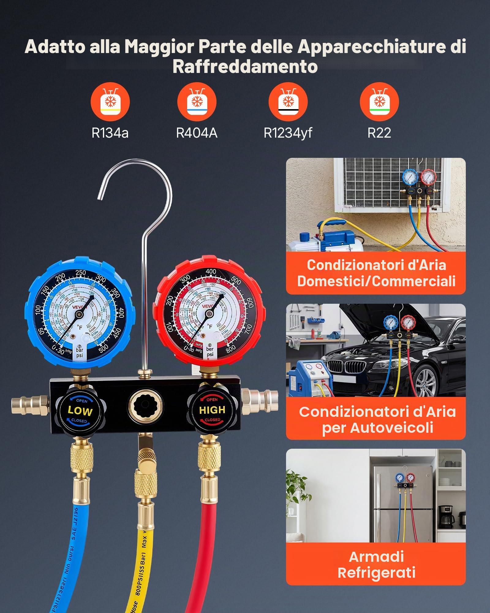 VEVOR Kit Manometro del Refrigerante per Aria Condizionata per Autoveicoli, Strumenti del Refrigerante a 3 Vie Tubi Flessibili Raccordi a Sgancio Rapido, Manometro per Aria Condizionata Auto