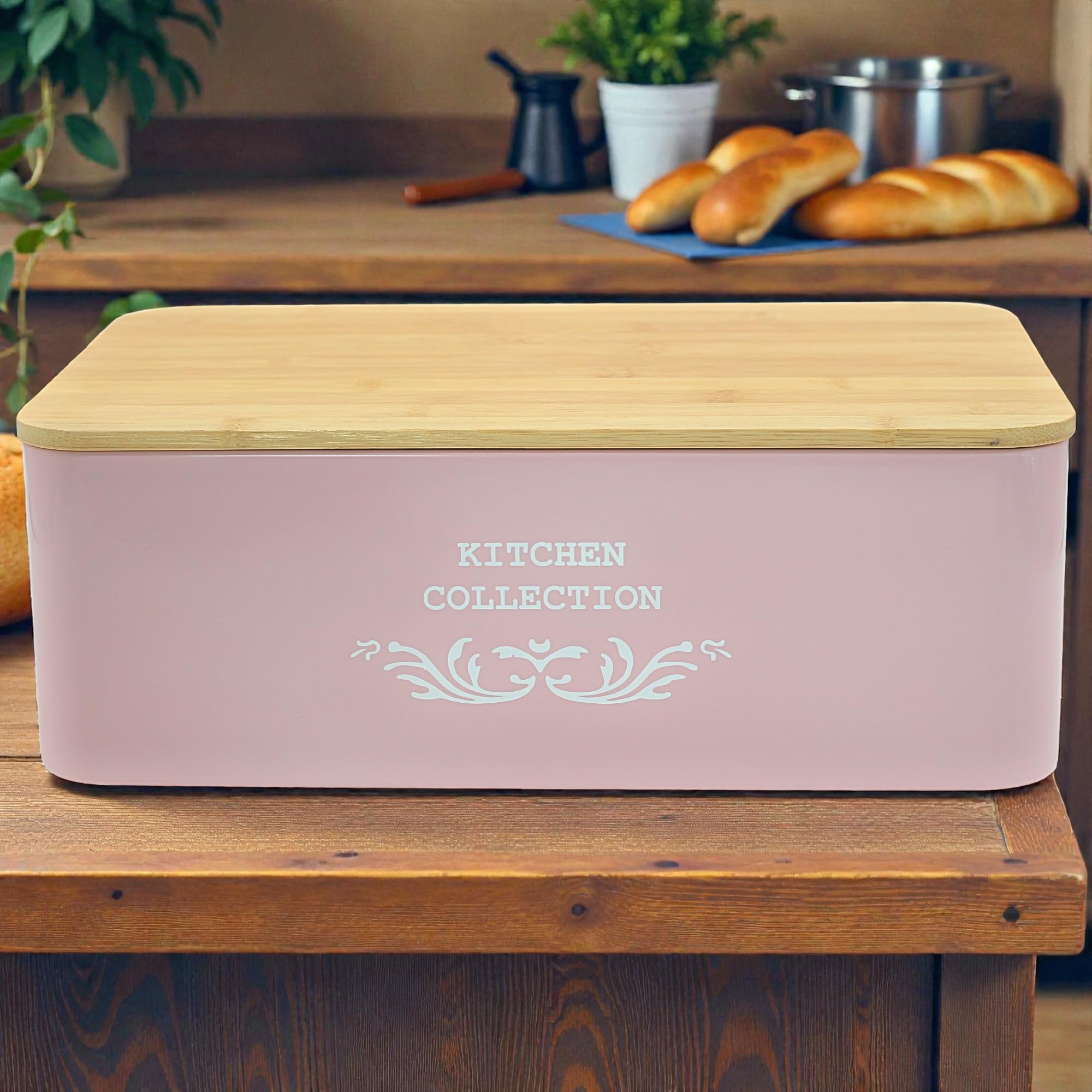 Contenitore Portapane con cap di bambù 35x12x23 CM - Rosa-Scatola Pane da Cucina in Metallo con Coperchio in Bambù – Design Vintage