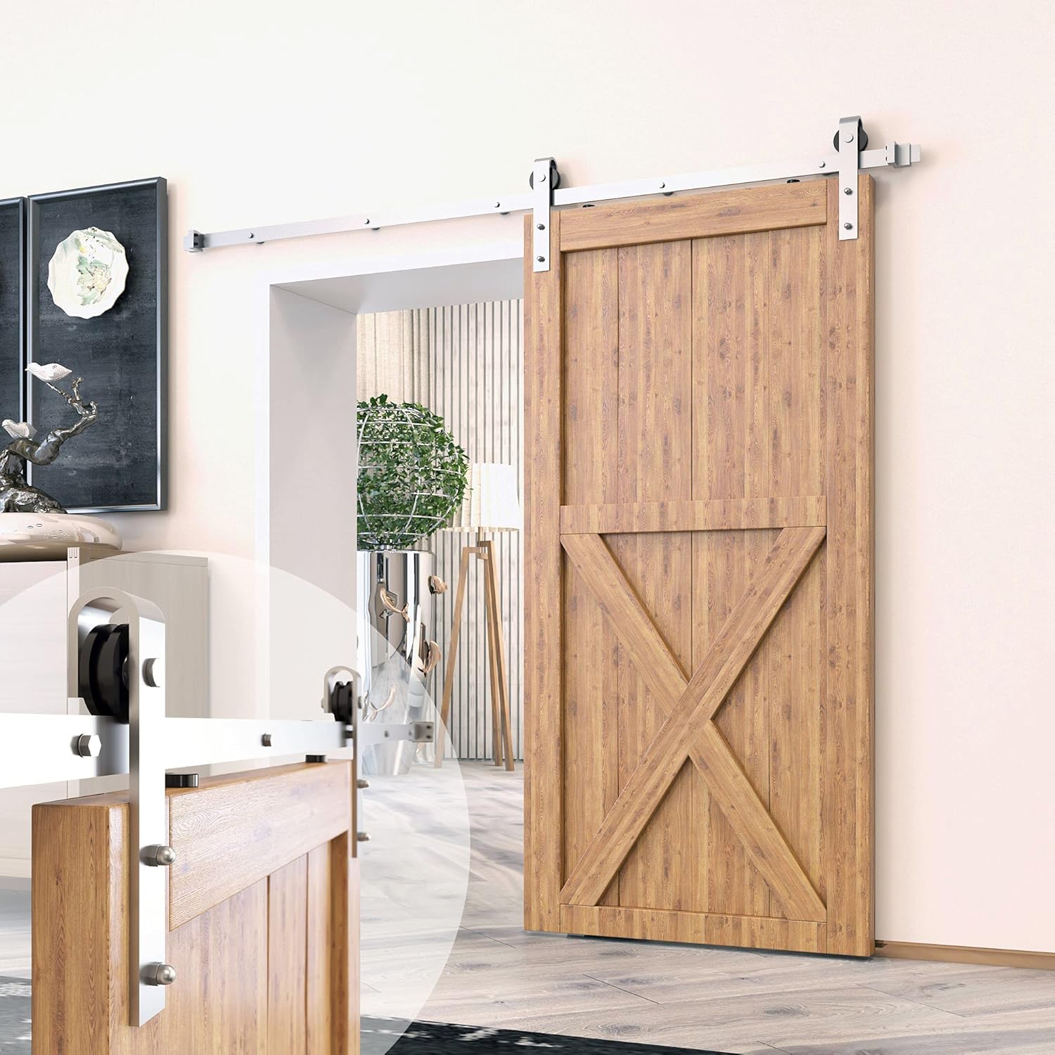 Homacer Brushed Nickel Non-Bypass Sliding Barn Door Hardware Kit, for One/Single Door, 6ft Long Flat Track, Classic Design Roller, Heavy Duty, for Interior Use