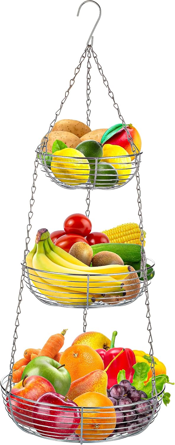 Heavy Duty 3-Tier Hanging Fruit and Vegetable Basket with 2 Metal Ceiling Hooks, Chrome