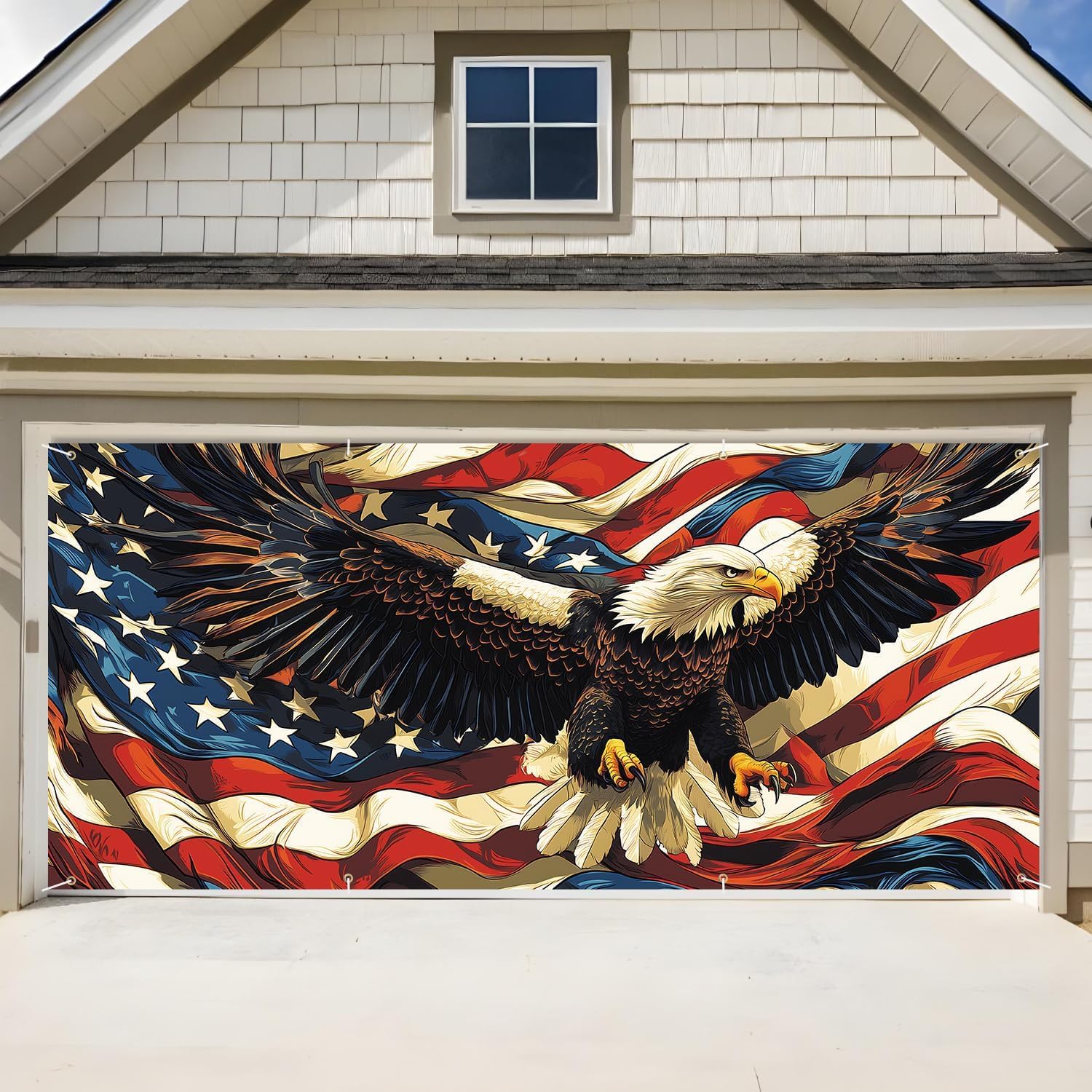 ANNA QUEEN American Flag Garage Door Banner 6x13FT, Bald Eagle USA Flag Garage Door Cover, Large Outdoor Patriotic Decoration Backdrop for Double Garage Doors, Independence Day, Memorial Day & Veterans Day Decor