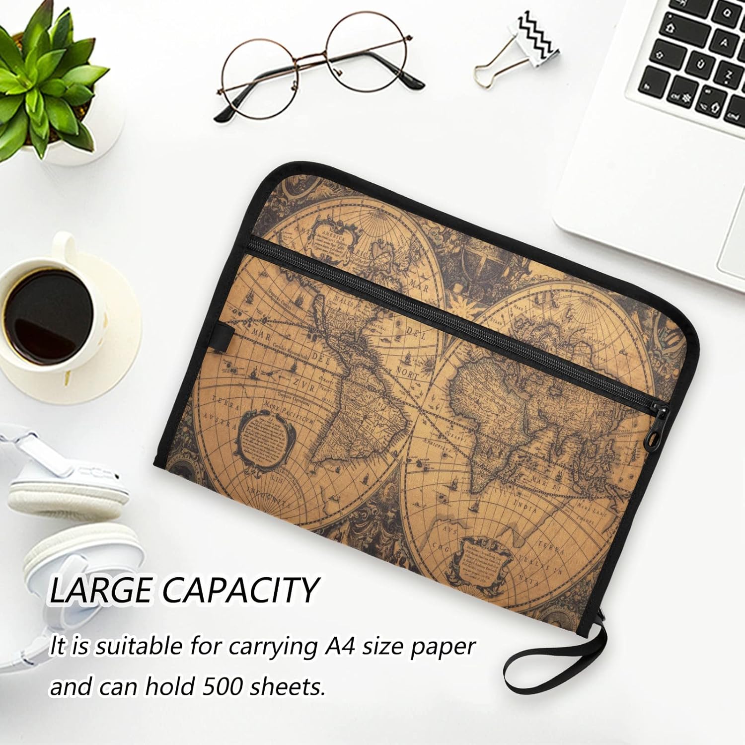 ZZKKO Vintage World Map 13 Pockets Expanding File Folder with Sticky Labels Accordion File Folder Document Organizer Letter Size A4 Papers Expandable File Keeper