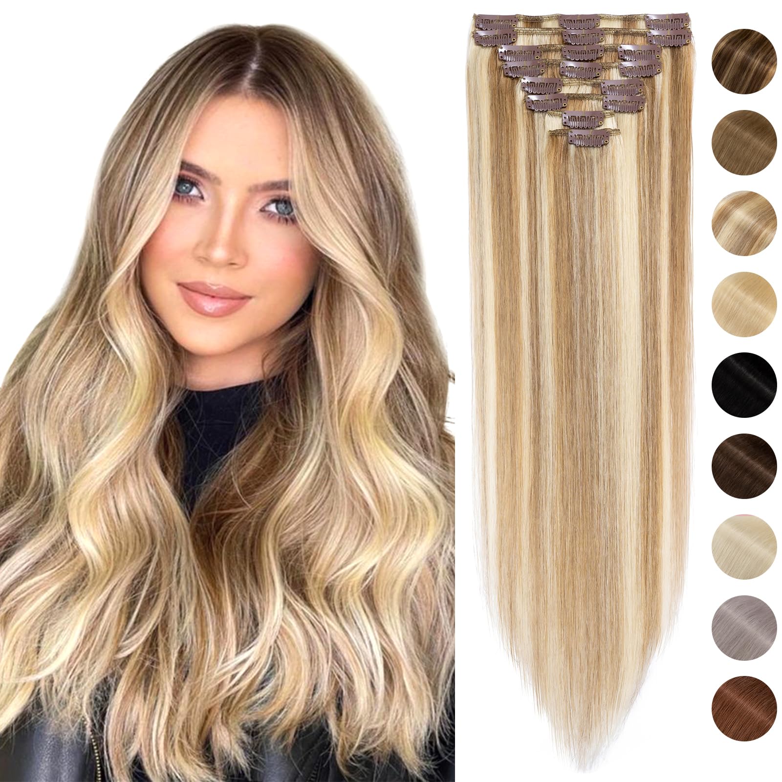 Silk-co Extensiones de Clip de Pelo Natural [8pcs 18 Clips] Cabello Humano 100% Remy Lisas Postizos Pelucas para Mujer Lisos Rectos 50cm(70g) 12P613# Marrón Dorado y Blanqueador Oscuro