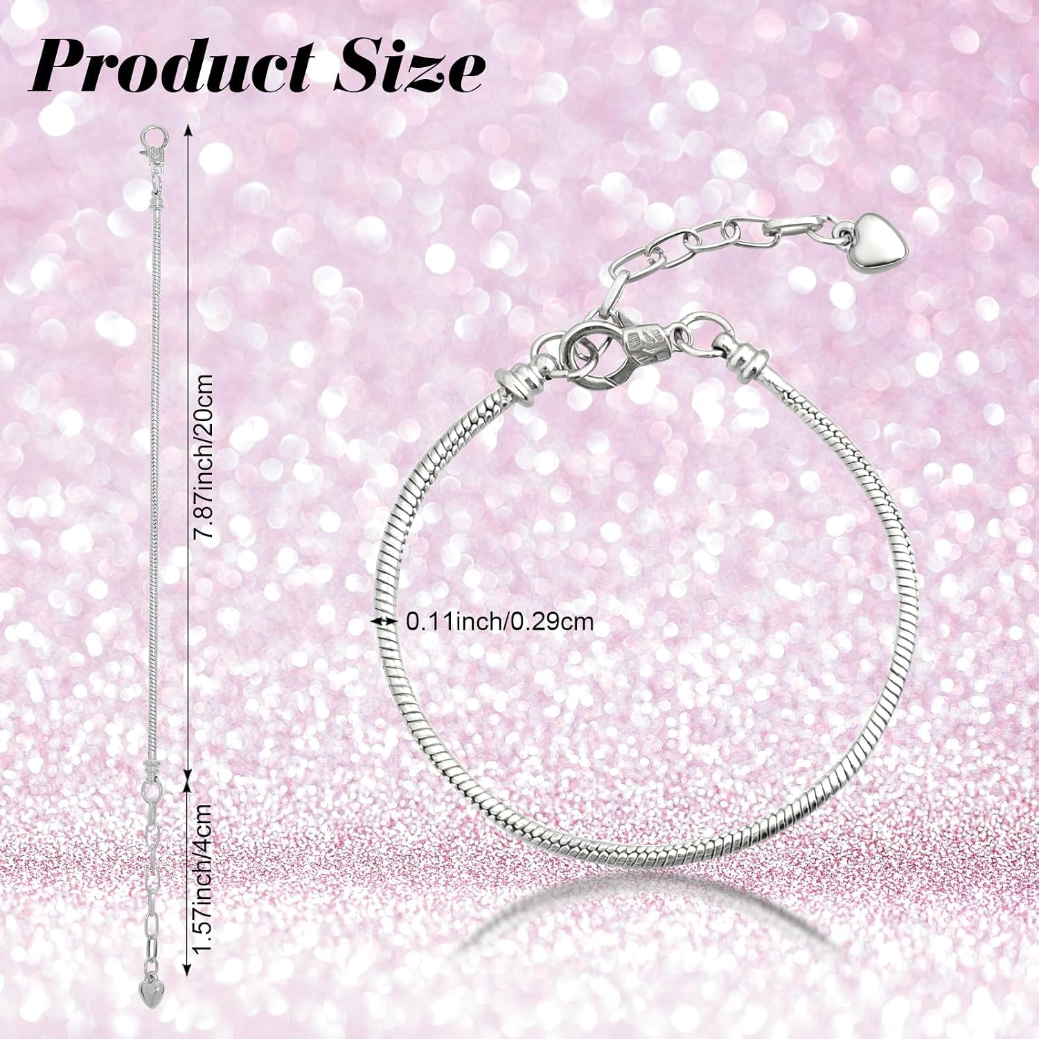 27 Pcs Snake Chain Bracelet Kit Adjustable Charm Bracelet with Heart Extender Lobster Clasp for Women Jewelry DIY Extender Metal Gifts