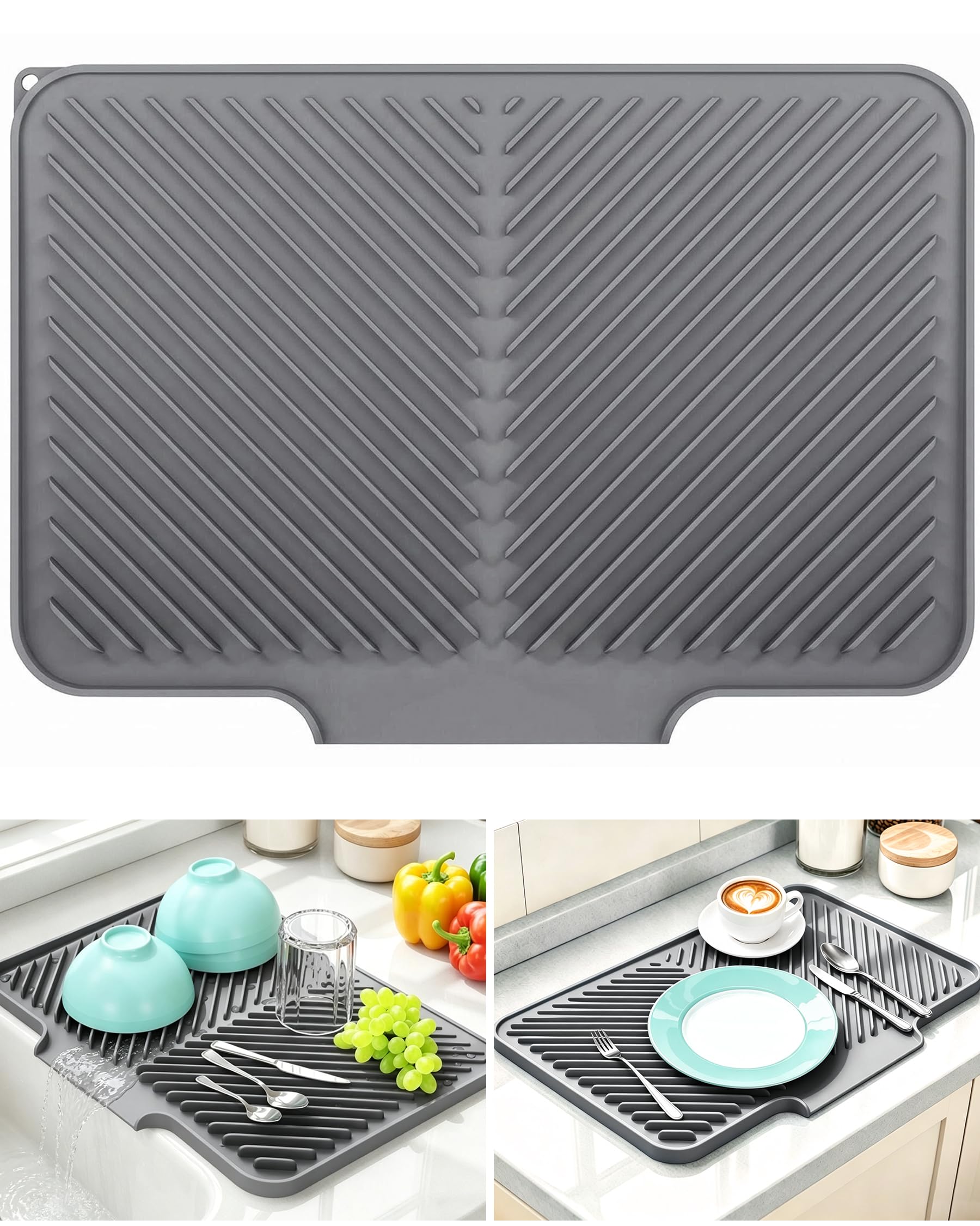 Silicone Dish Drying Mat - Non-Slip Draining Mat for Kitchen Counter, Sloped Draining Board Mat with Drainage Channel, Heat Resistant & Easy Clean - 40.5 x 33.5 cm, Grey