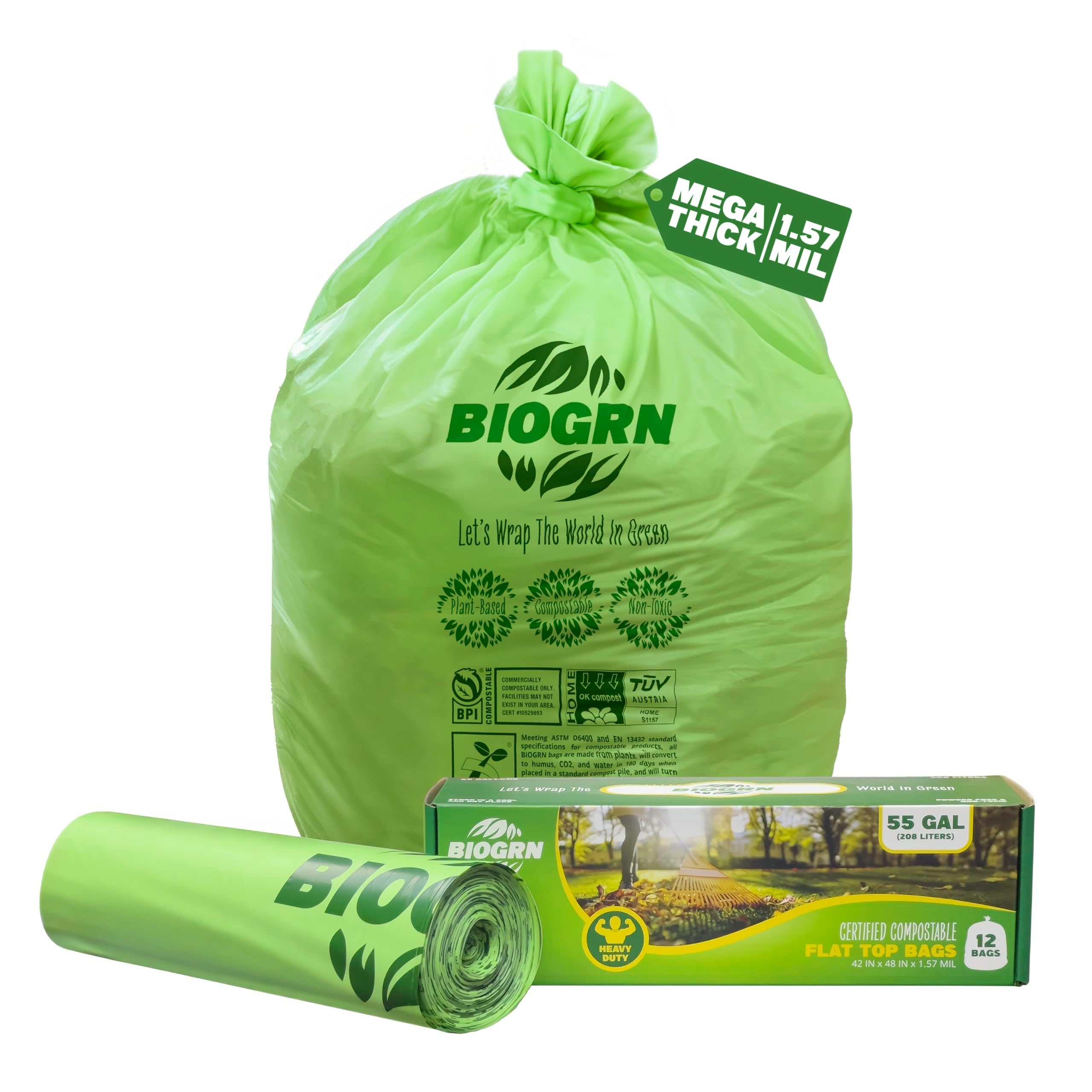 BIOGRN 50-55 Gallon Compostable Trash Bags, 12 Count