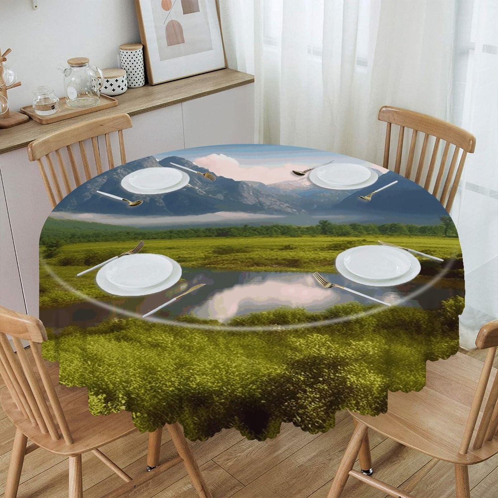 FekiLoot Beautiful Scenery Round Tablecloths 60 Inch Resistant Washable Polyester Table Cloth Style Decorative Circle Fabric Table Cover for Dining Kitchen Party Farmhouse Outdoor