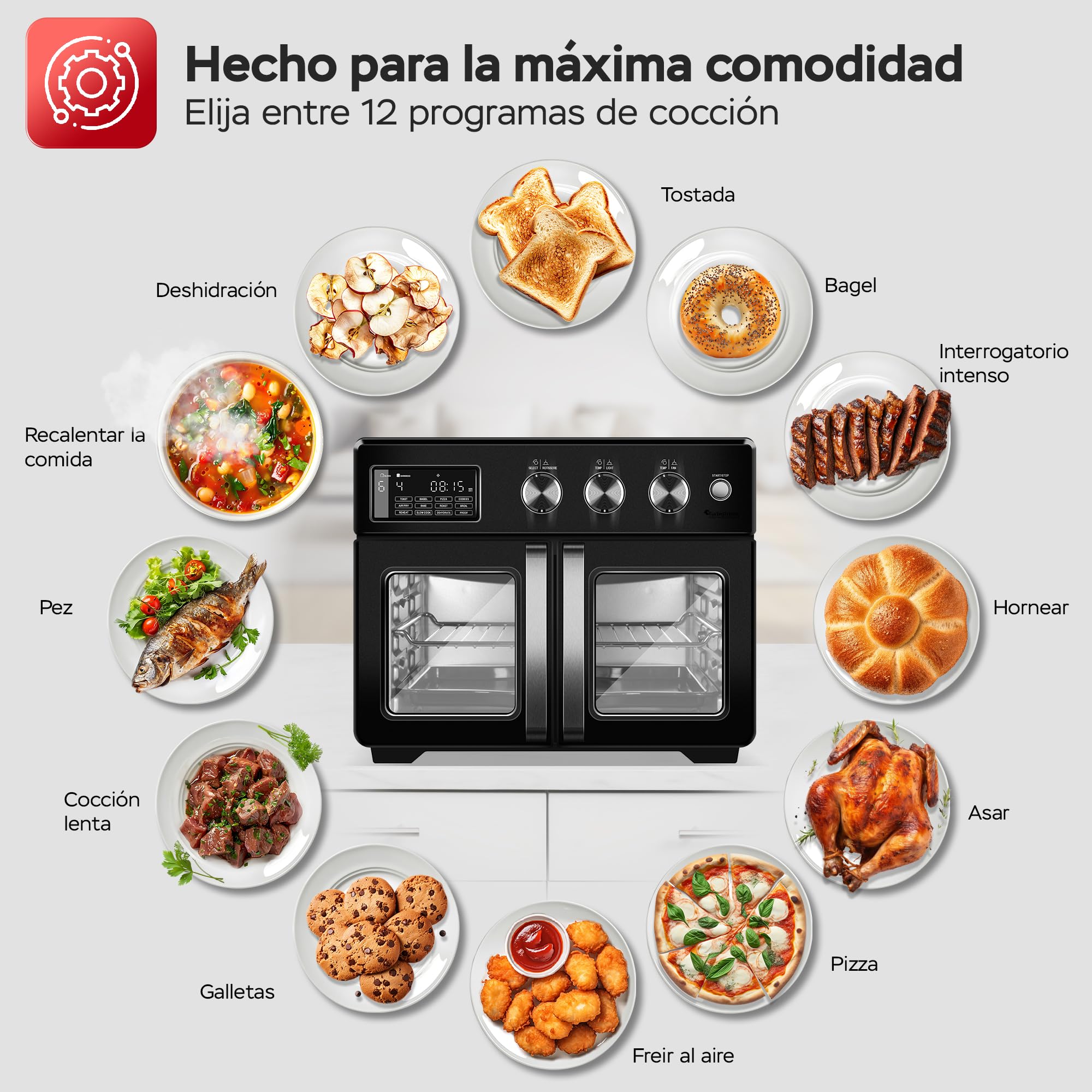 TurboTronic Mini Backofen - 4in1 Heißluftofen und Heißluftfritteuse XXL Version 32L inkl. Drehspieß & viel Zubehör, Dörrgerät ab 25°C & Grill, Airfryer, kleine Mini Tisch Back Pizzaofen (schwarz)