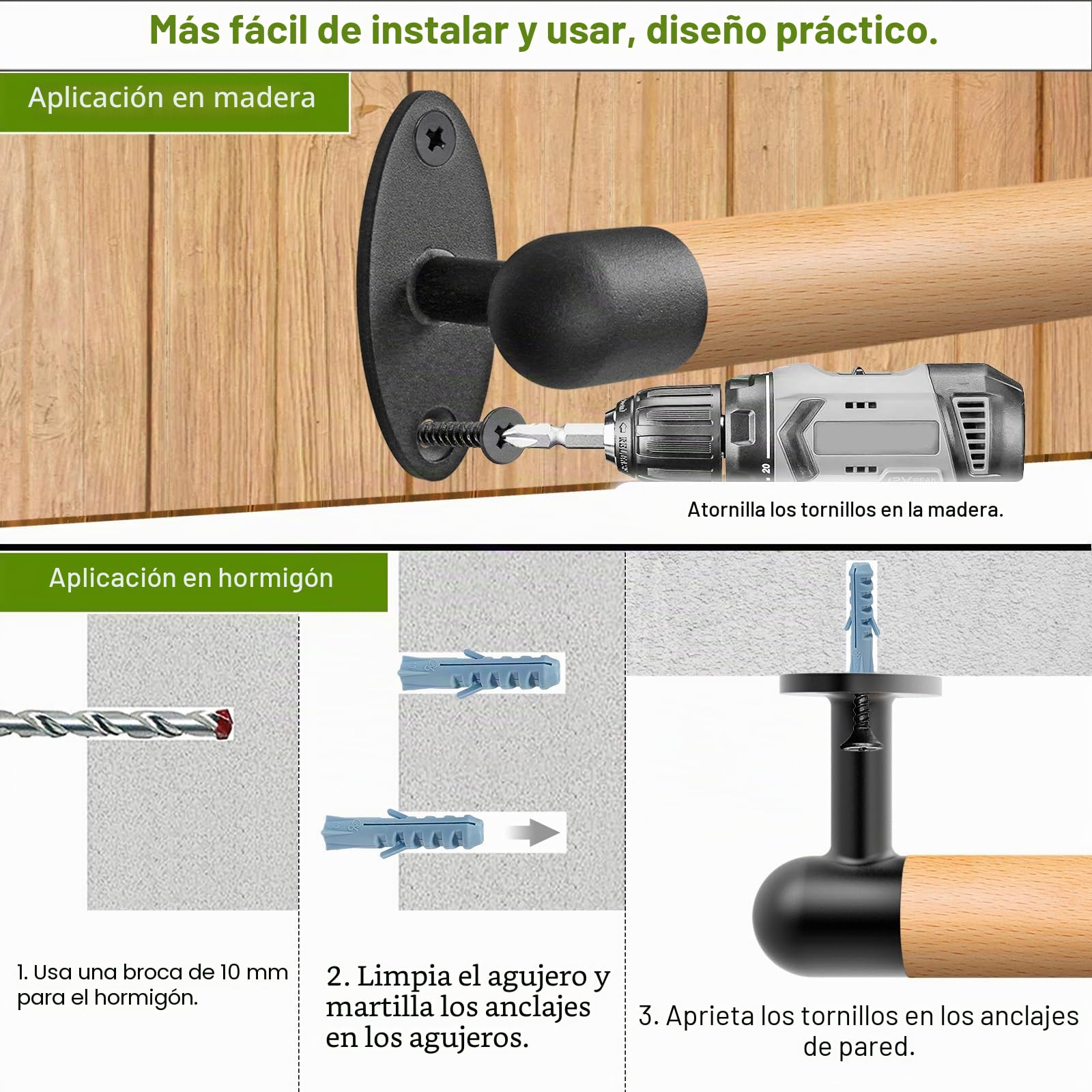 Insaga Pasamanos de madera, barandilla de escalera de 41 cm, barandilla montada en la pared, 3,3 cm, mango redondo antideslizante, barra de agarre de seguridad para interiores y exteriores, agarre de