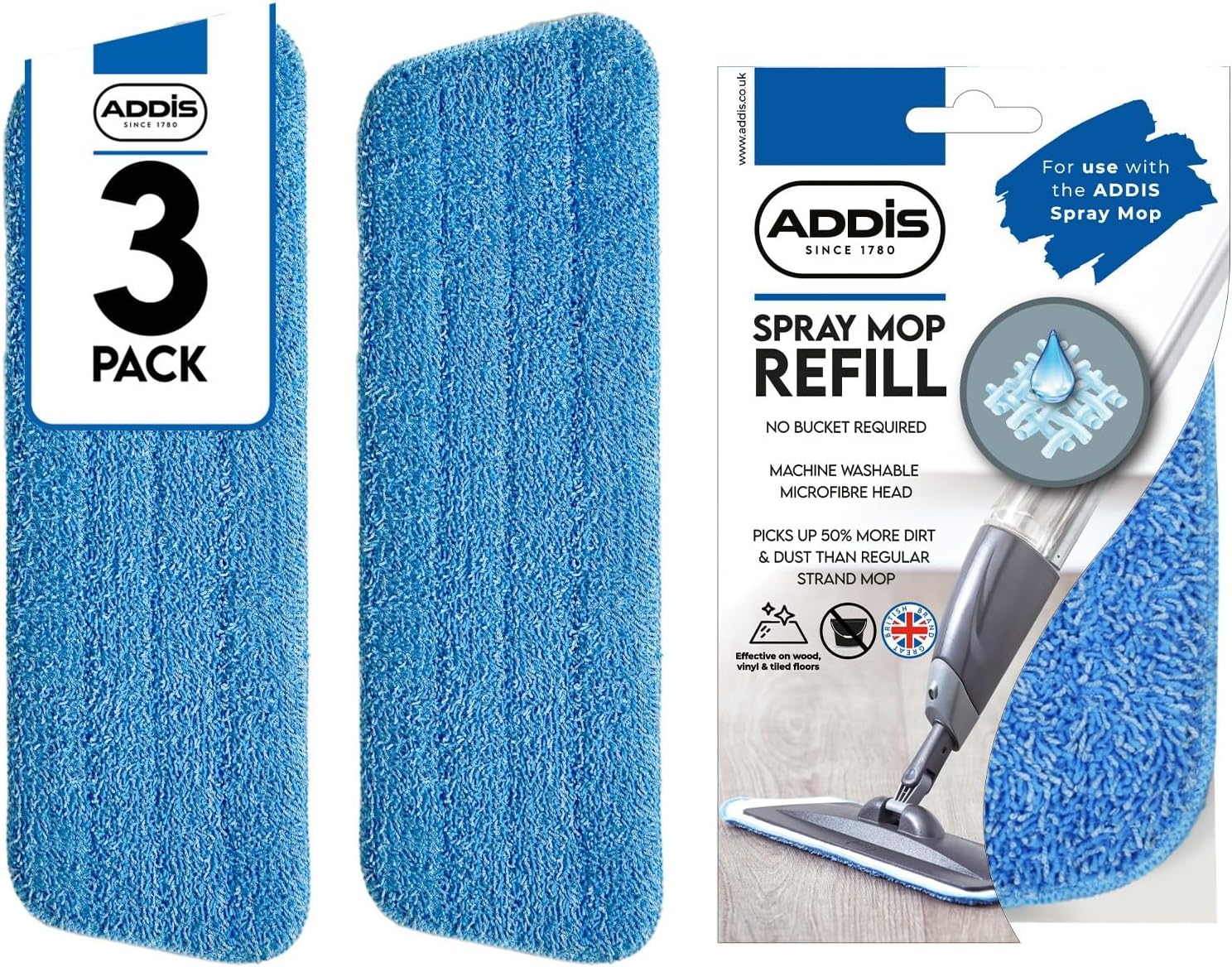 Addis Replacement Heads Pads, Blue, Spray Mop Refill Pack of 3, 41 x 14cm