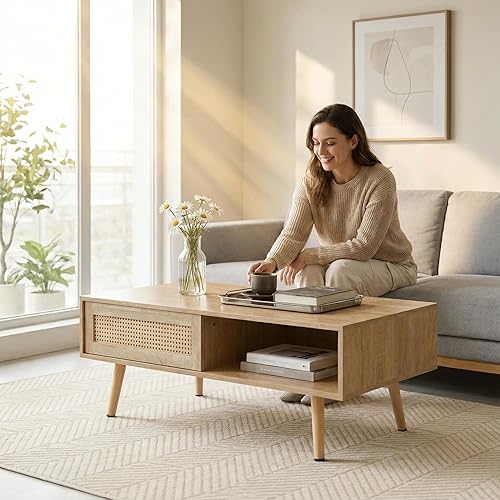 Miniatura 7 de Meihua Mesa auxiliar de ratán de 41.3 pulgadas con almacenamiento, mesa de sofá moderna de mediados de siglo con puerta corredera y patas de madera