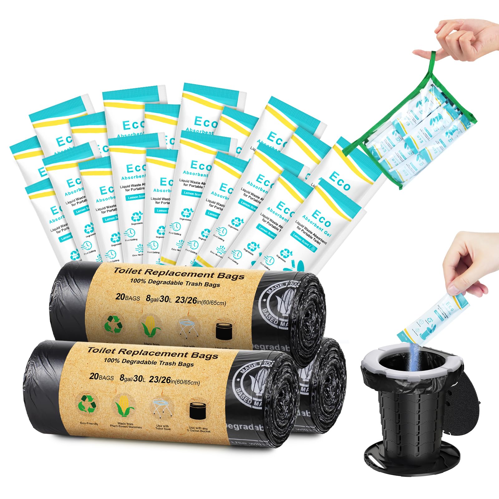 BLIKA Juego de bolsas de inodoro de gel ecológico para camping, bolsas de inodoro portátiles con gel, 8 galones, 30 litros, resistentes 1 mil, bolsas de repuesto para inodoro con polvo de inodoro para
