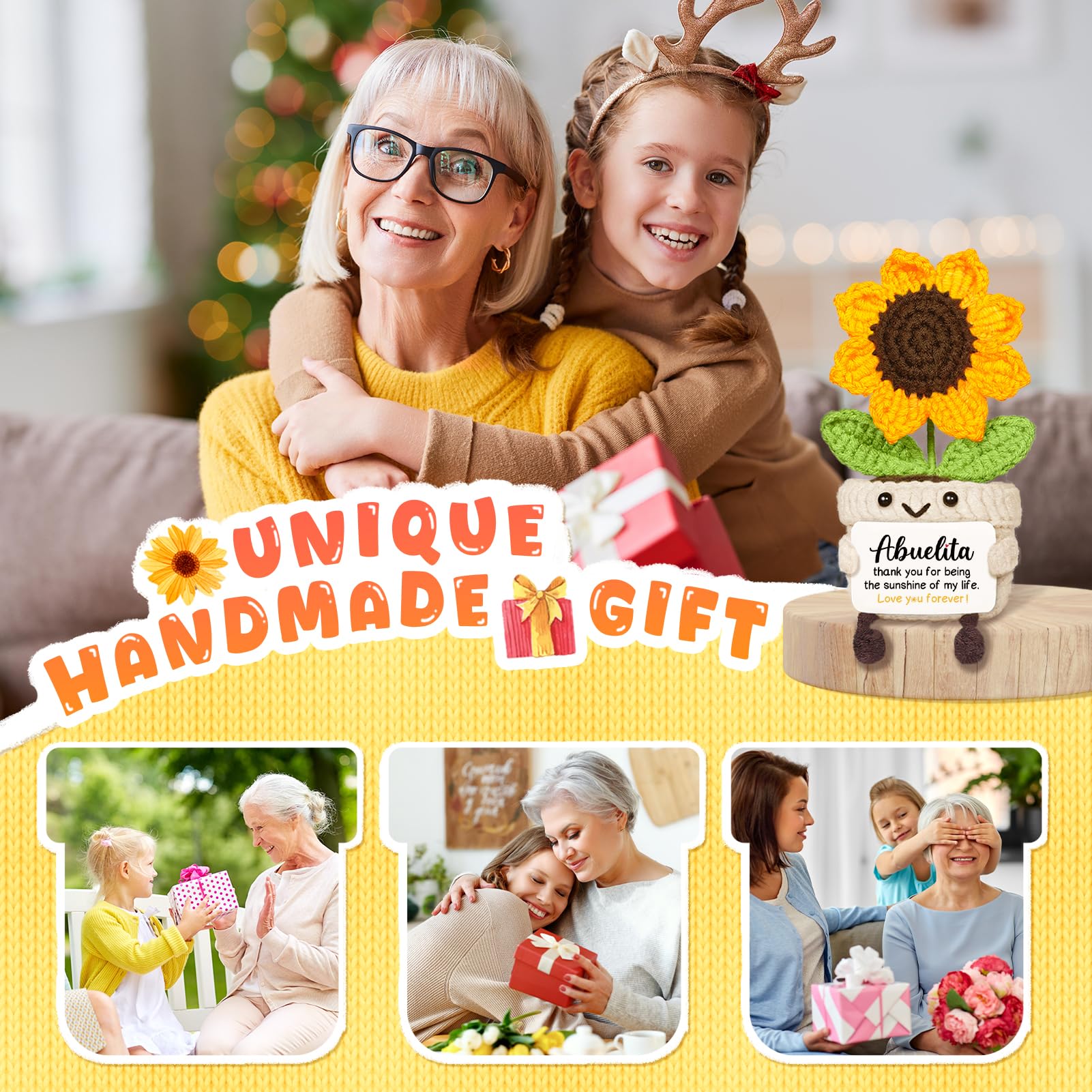AceThrills Abuelita Gifts, Regalos para Abuela | Regalos de Cumpleaños de Nietos para Día de la Madre, Navidad y Cumpleaños - Hecho a Mano con Crochet Divertido y Bonito Girasol