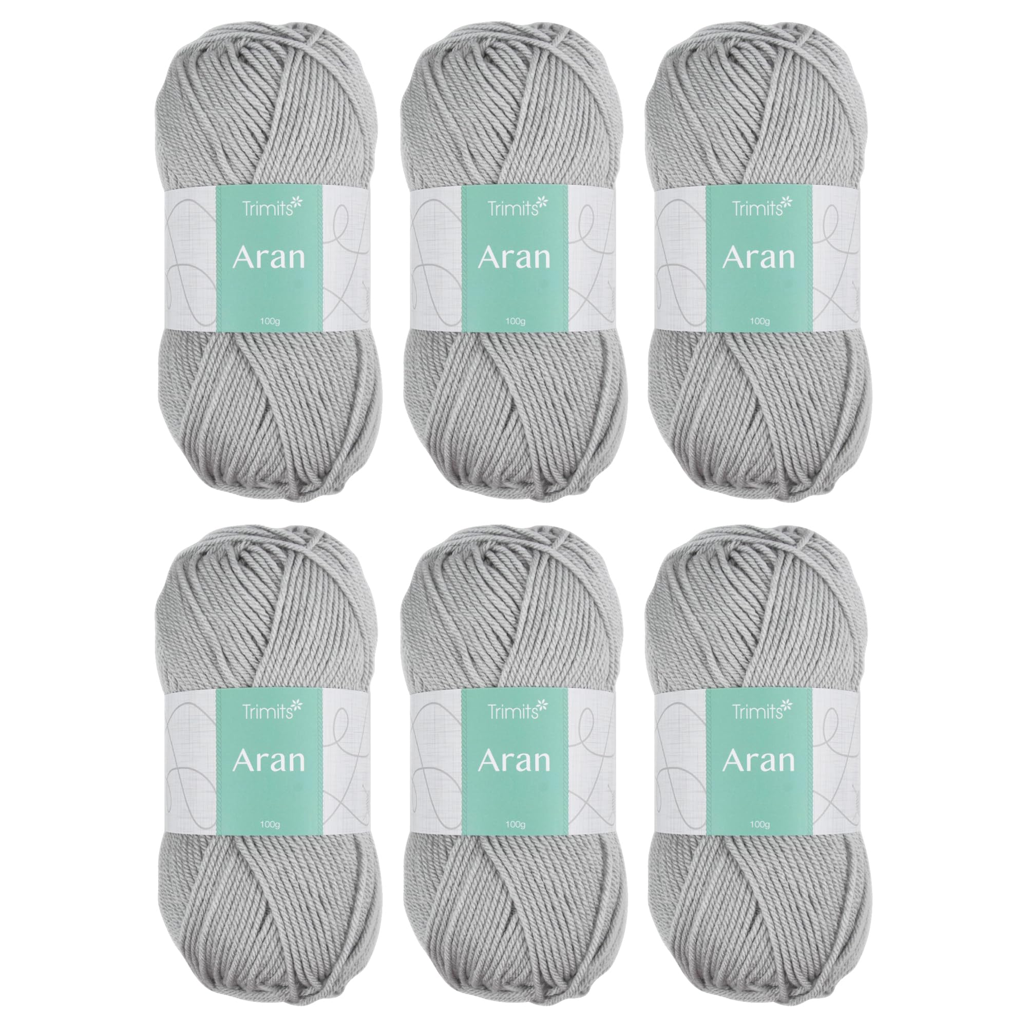 Trimits Aran Acrylic Yarn Wool for Knitting and Crochet - 6 x 100g (165 metres) - Soft Touch Easy Care Machine Washable Yarn, Oeko-TEX Certified Fibre, Grey