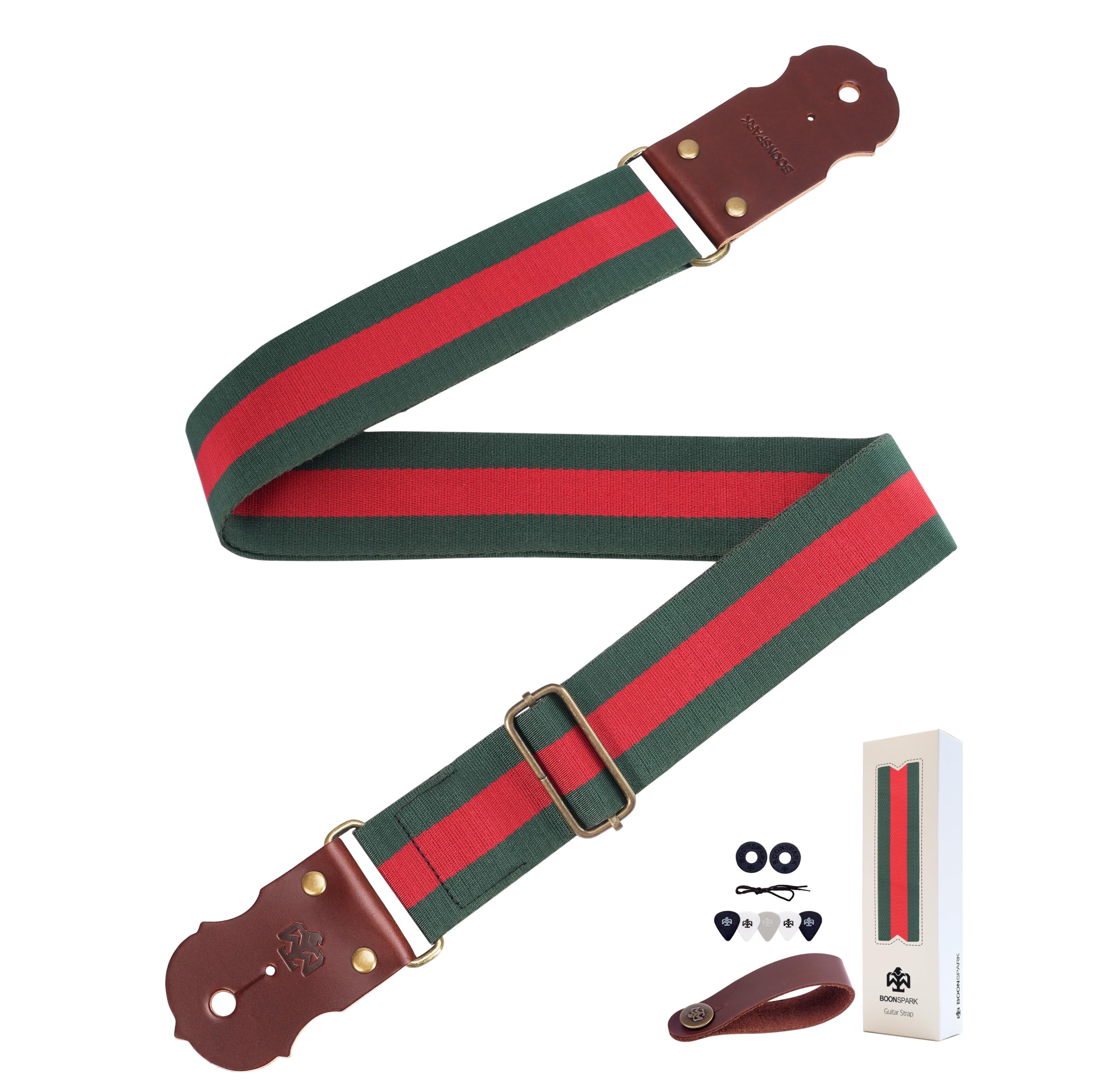 Guitar Strap - 2" Wide Thick Real Cowhide Ends,Safety &amp; Durable Guitar Straps with Soft Embroidery Adjustable Strap,Green Red Striped