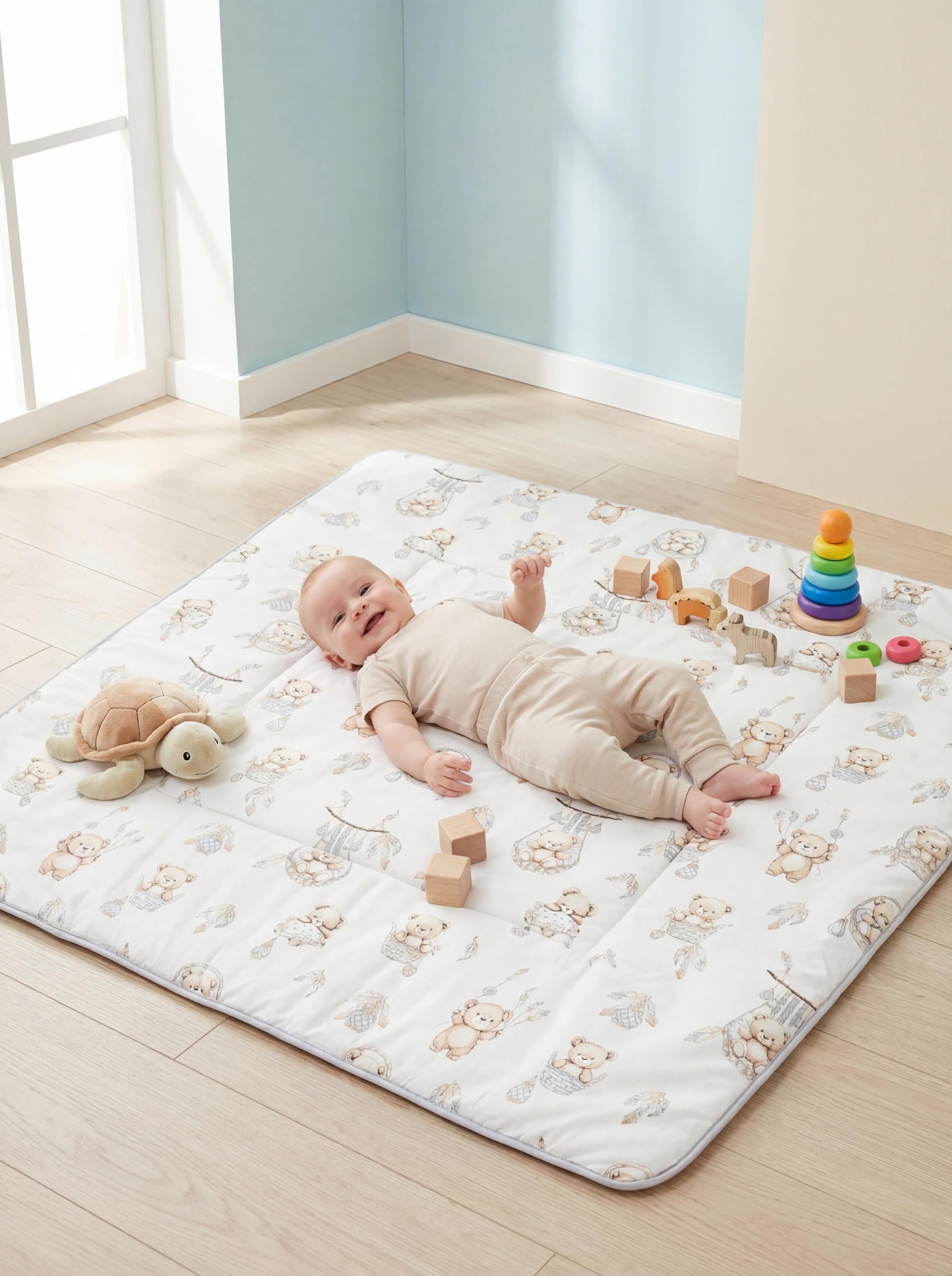 TupTam Krabbeldecke für Baby 120x120 cm - Gepolsterte Spieldecke Baby Baumwolle, XXL, OEKO-TEX, Weich & Hautfreundlich, Farbe: Teddybären in Körbchen Beige Ecru - 3