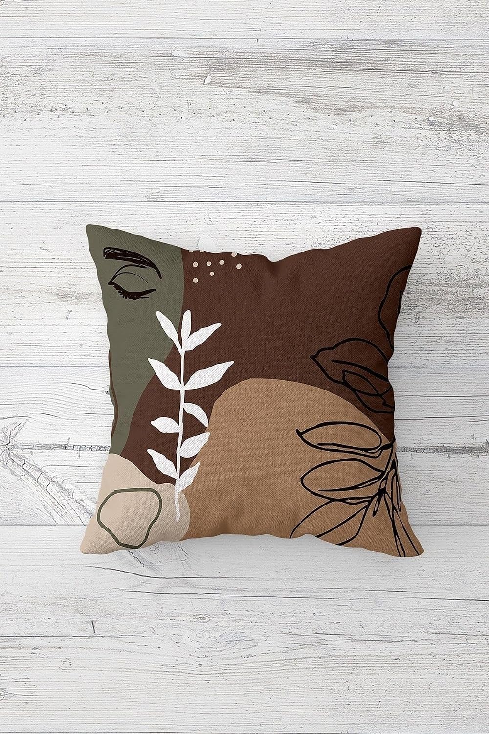 Pelangi Line Art Çiçek Çift Tarafı Baskılı Gizli Fermuar Yıkanabilir Leke Tutmaz Dekoratif Kırlent Kılıfı, Bej-Kahve 45 x 45