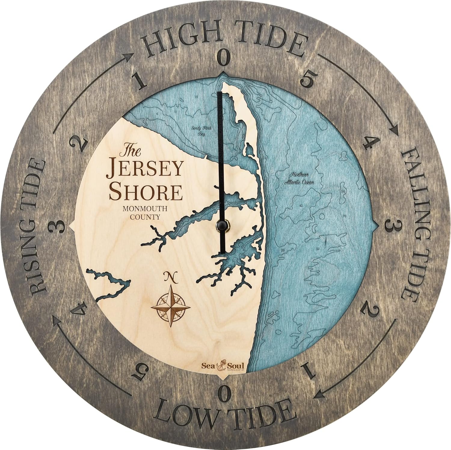 Sea & Soul Jersey Shore Tide Clock, 3D Water Depth Tidal Clock, Nautical Map High Tide Clock, Fisherman Gift, Coastal Décor, Nautical Décor (Driftwood/Blue Green)