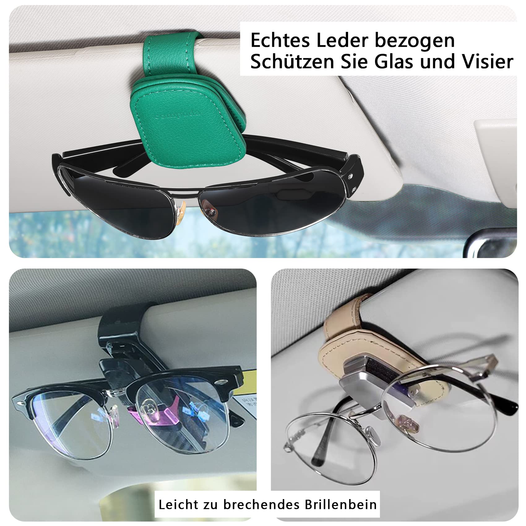 quipuda 2 stuks brillenhouders voor autozonneklep, echt leer, auto-vizier, accessoires, zonnebrilhouder, magnetische zonnebrilhouder, ticketclip, lichtbruin
