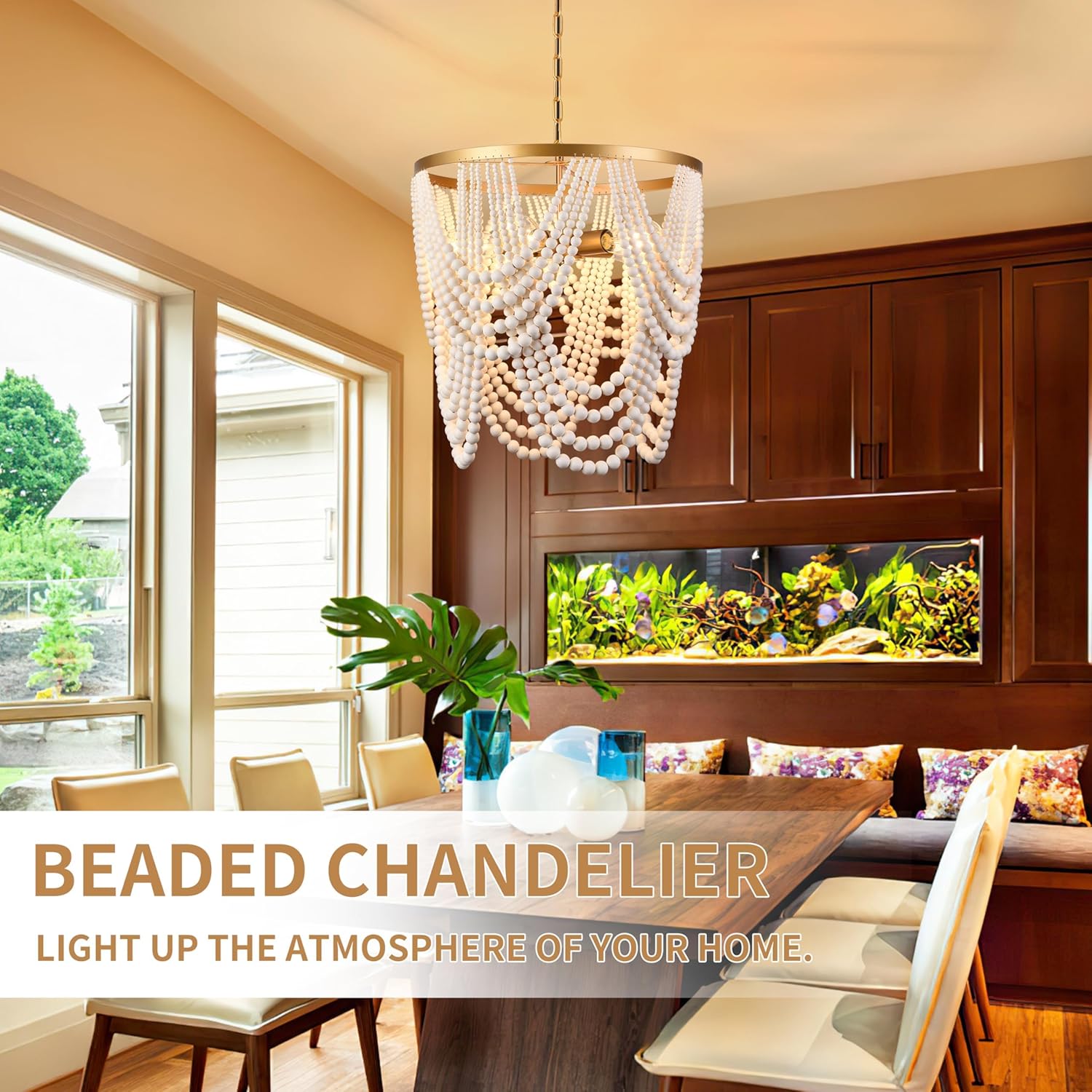 Bohemia Wood Beaded Chandelier - Boho 5-Light Gold and Oak Finish Beaded Light Fixture for Dining, Living, Bedroom, Nursery, Girl Room, Hallway, Entryway