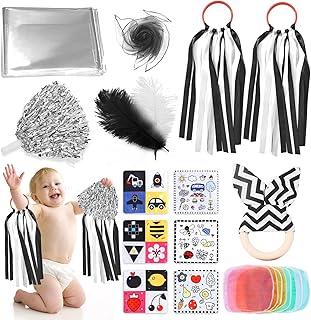 Juego de 19 juguetes sensoriales para bebés, color blanco y negro, con manta de papel de aluminio, bufandas sensoriales para bebés, plumas, pompones de animadora y juguetes para regalo de bebé