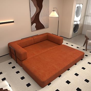 Convertible Sleeper Sofa Bed with Cylindrical Pillow, Corduroy Folding Mattress Couch with Fixed-Shape Frame, Floor Sofa Lounge Couch for Living Room Bedroom Lounge Studio Orange