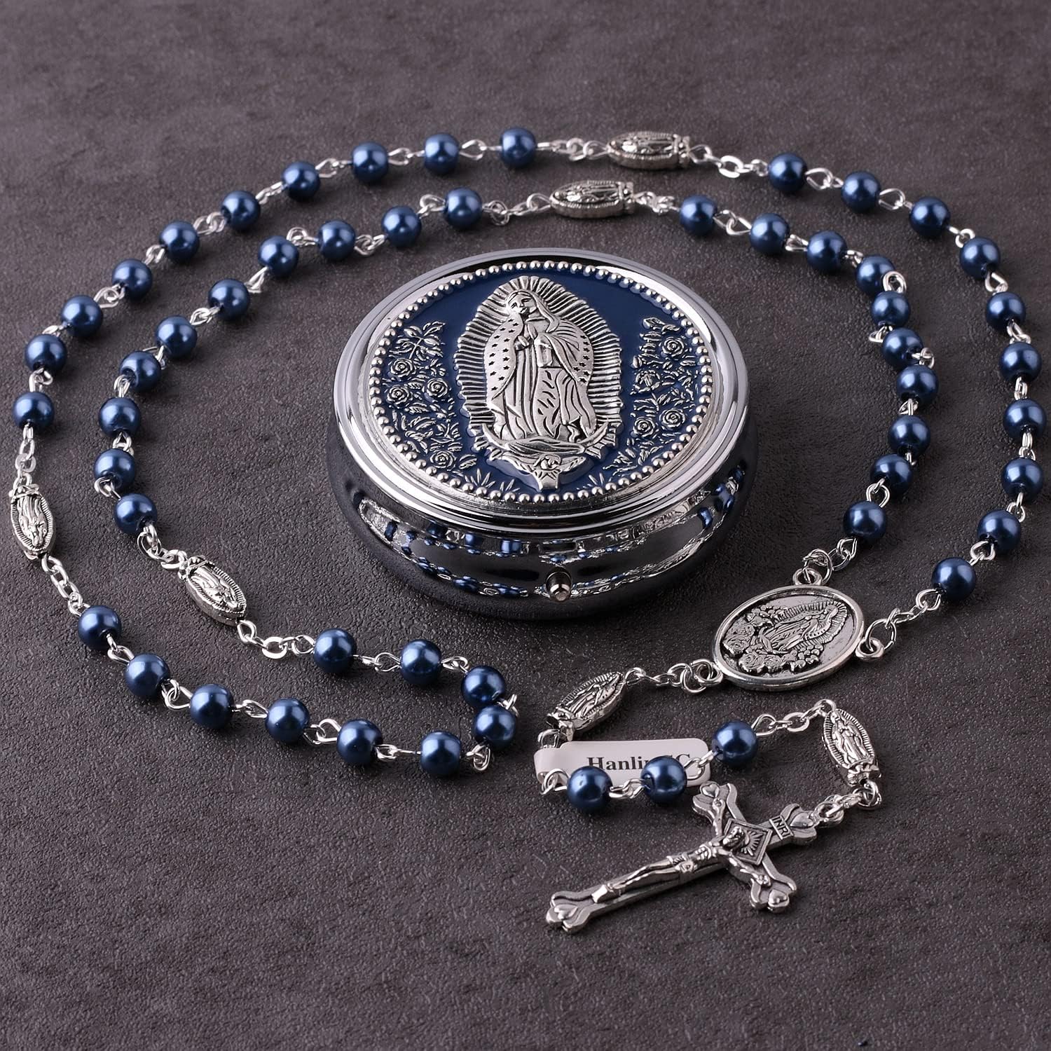 HanlinCC 6mm Glass Pearl Beads Catholic Our Lady of Guadalupe Rosary Necklace for Women and Men with Virgin Mary Center Piece and Crucifix with Metal Gift Box - Image 8