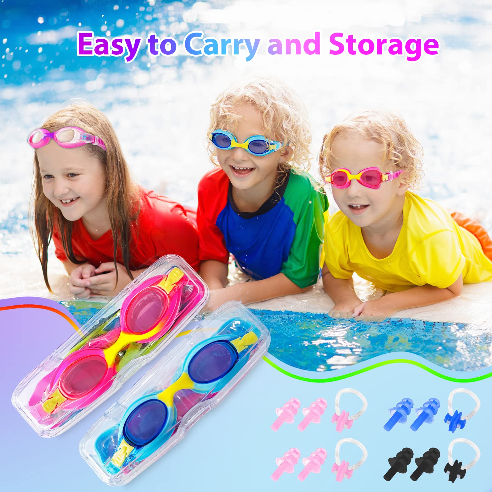 XDX Gafas de natación para niños de 4 a 14 años, paquete de 4 para niños y niñas, antivaho con protección UV