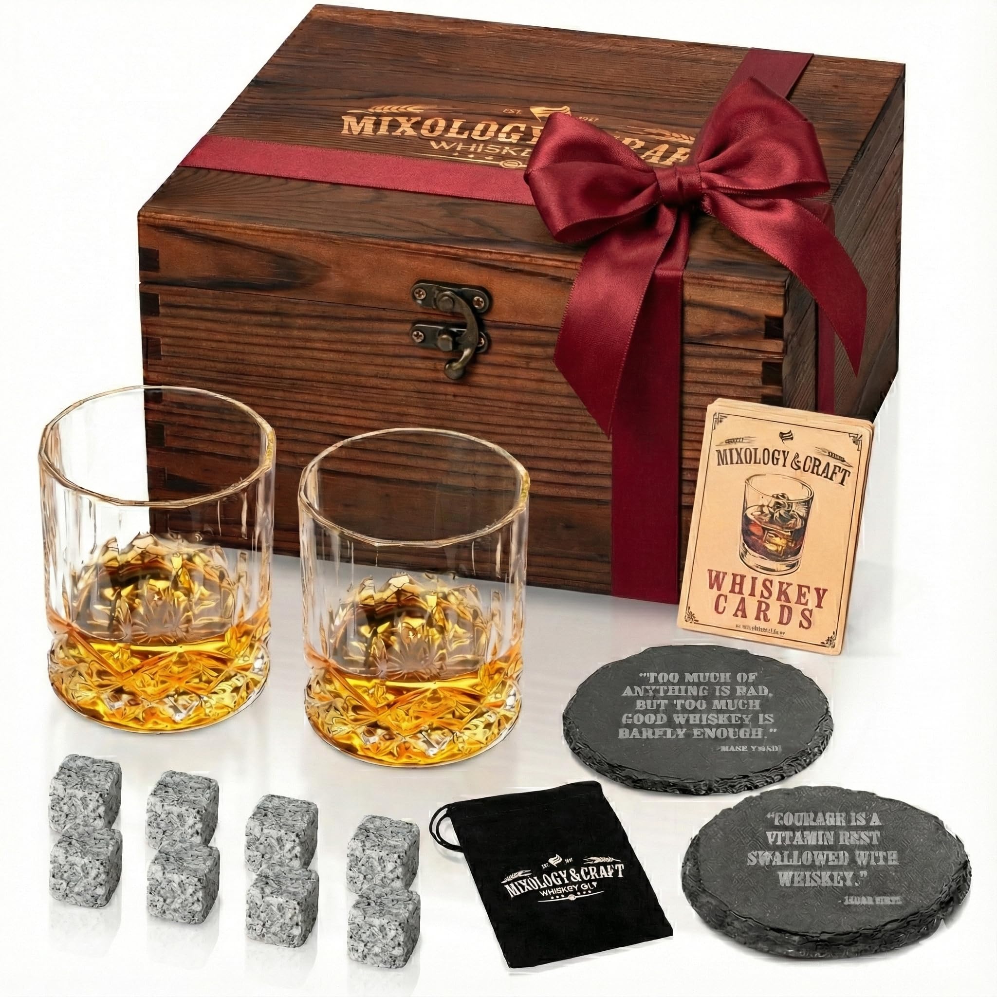 Mixology & Craft Whiskey Stones Gift Set: With Two 10oz Lead-Free Crystal Whiskey Glasses, 8 Whiskey Stones with Velvet Bag, 2 Slate Coasters & Recipe Cards in Wooden Crate | Great Holiday Gift