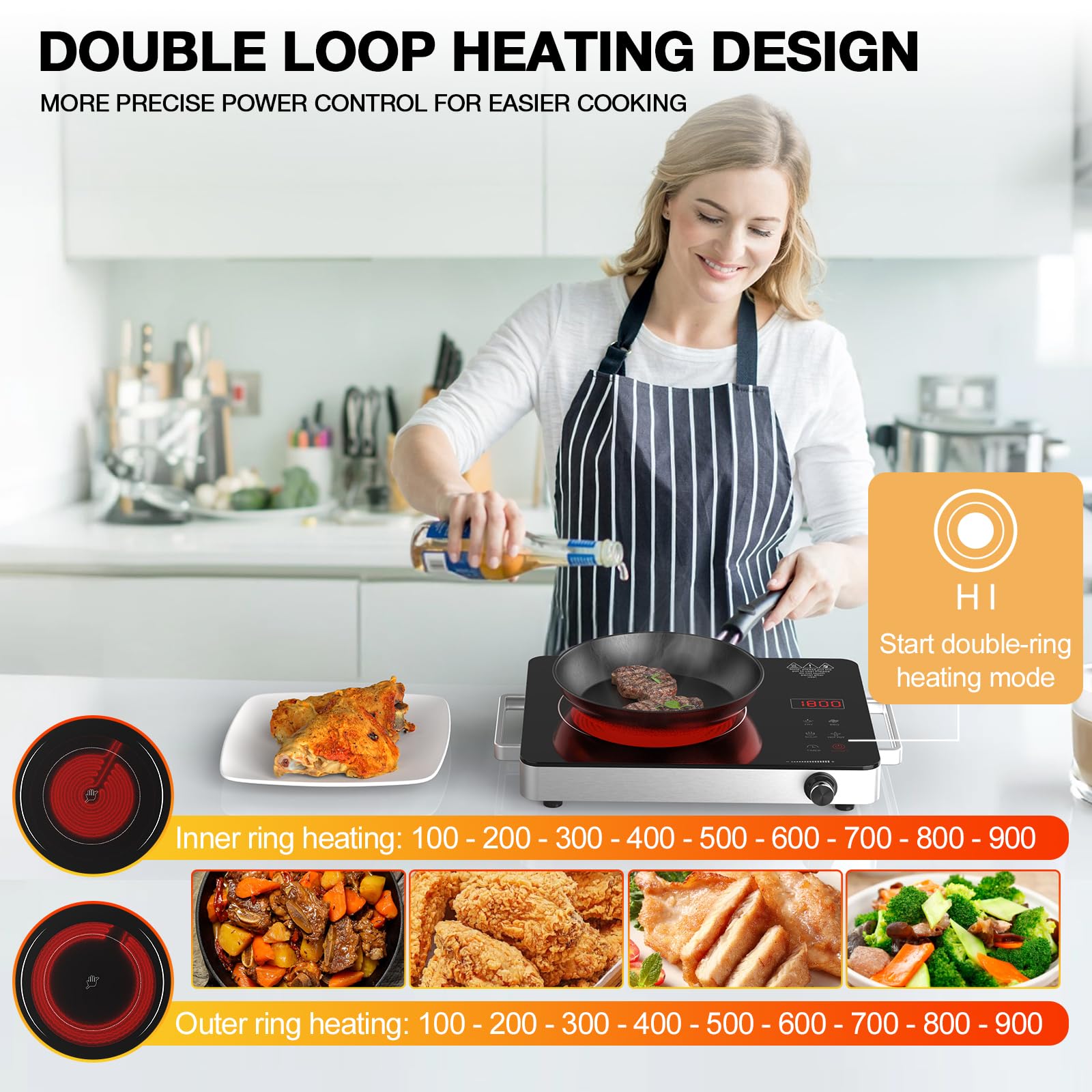 Cocina eléctrica, estufa eléctrica portátil de 1800 W con enchufe, encimera de placa caliente, quemador infrarrojo de 110 V-120 V, bloqueo de seguridad para niños, temporizador, control táctil y 4