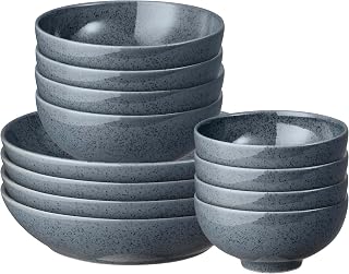 Dark Grey Speckle 12 Piece Bowl Set for 4 - Ceramic Tableware Bowl Set - Dishwasher Microwave Safe Crockery - 4 x Pasta Dishes, Cereal & Rice Bowls - Chip & Crack Resistant