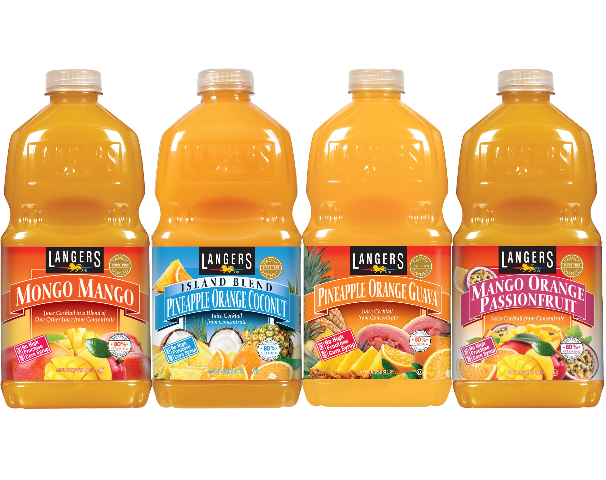 Langers Tropical Variety Pack, Mango Orange Passionfruit, Pineapple Orange Guava, Island Blend, Mongo Mango, 64 fl oz (Pack of 4)