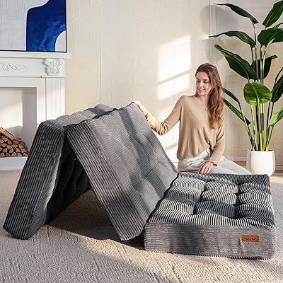 MAXYOYO Tri-Fold Mattress, 6 Inch Tufted Folding Futon Foam Bed, Foldable Floor Mattress Guest Bed Futon Topper Portable Camping Sleeping with Corded Fabric, Black, 35.4"x75"