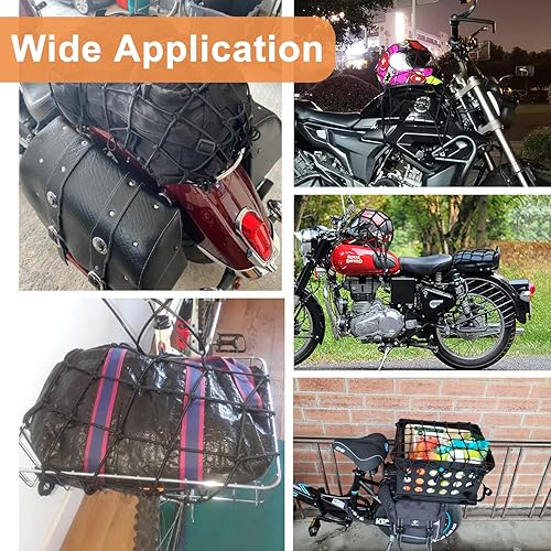 Miniatura 6 de Paquete de 2 redes elásticas de carga para motocicleta, red de carga pequeña de 12 x 12 pulgadas, elástica a 24 pulgadas con 6 ganchos ajustables