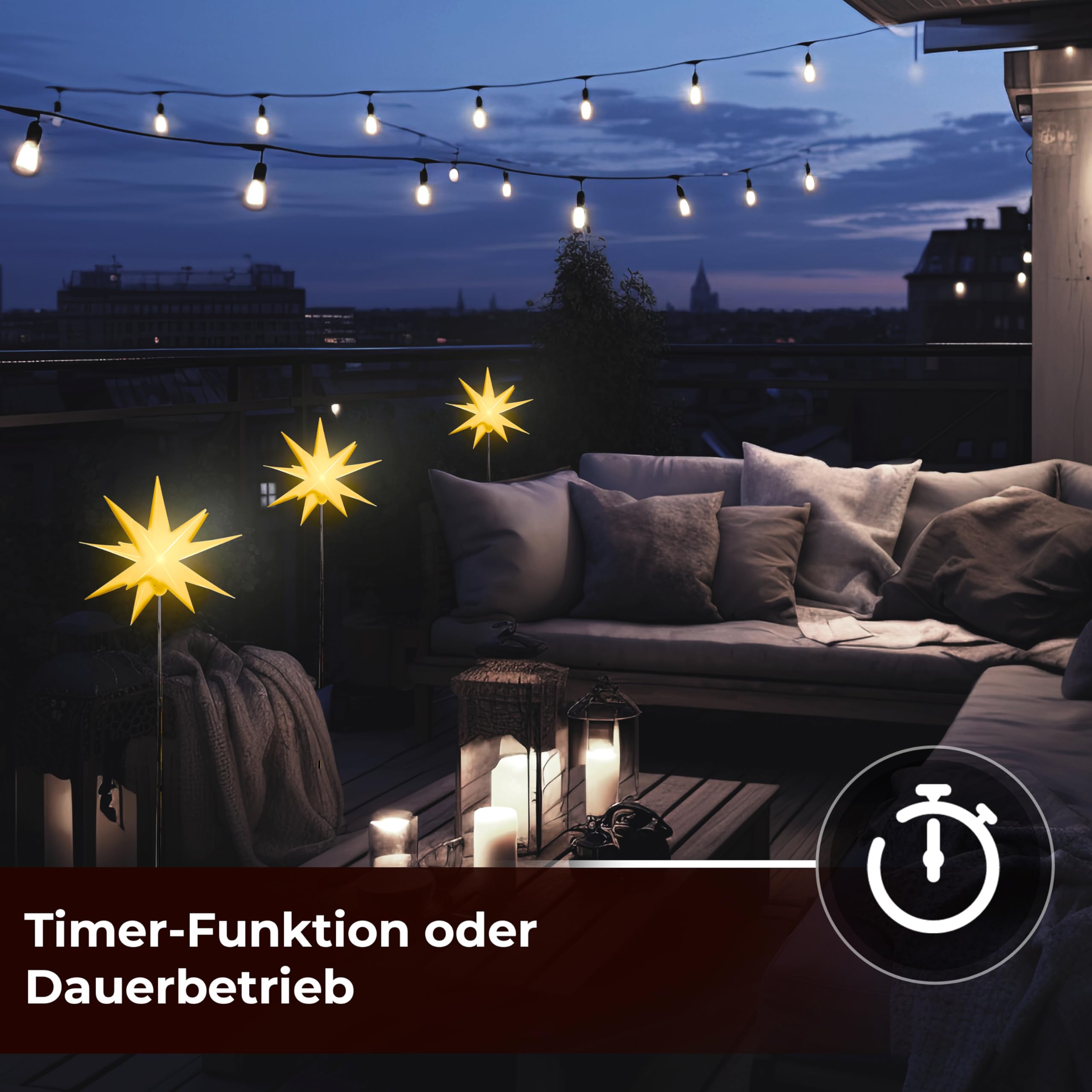 Leuchtstern 3D mit LED Beleuchtung | 3er Set mit Erdspieß | gelb | Ø 27 cm | 3D Stern mit 15 Spitzen | wetterfest | Garten Deko, Weihnachtsdeko | Weihnachtsstern | mit Timer | batteriebetrieben