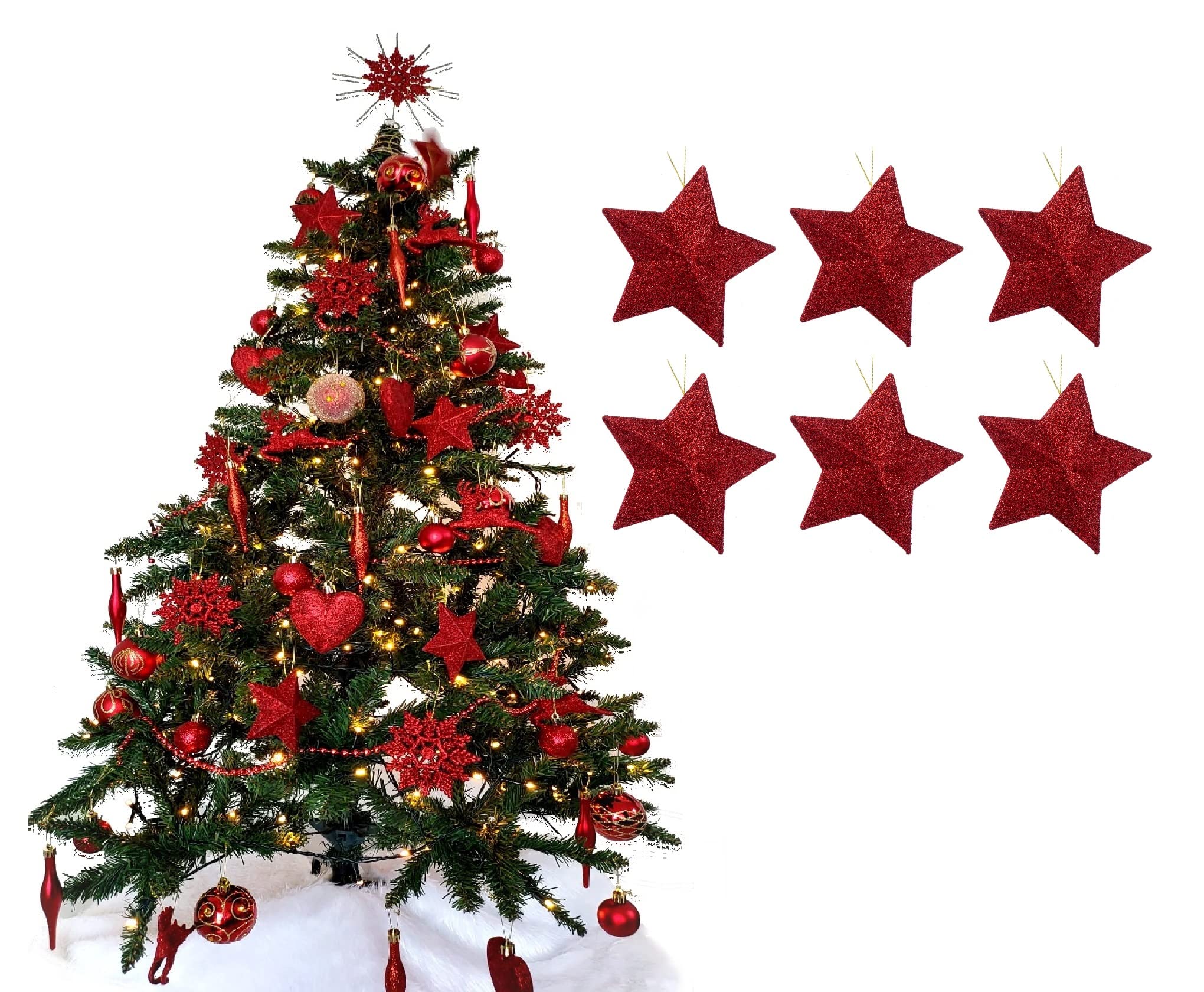 Simply Products Red Pack Of 6-8Cm 3D Glitter Star Baubles Christmas Tree Decorations (Red)