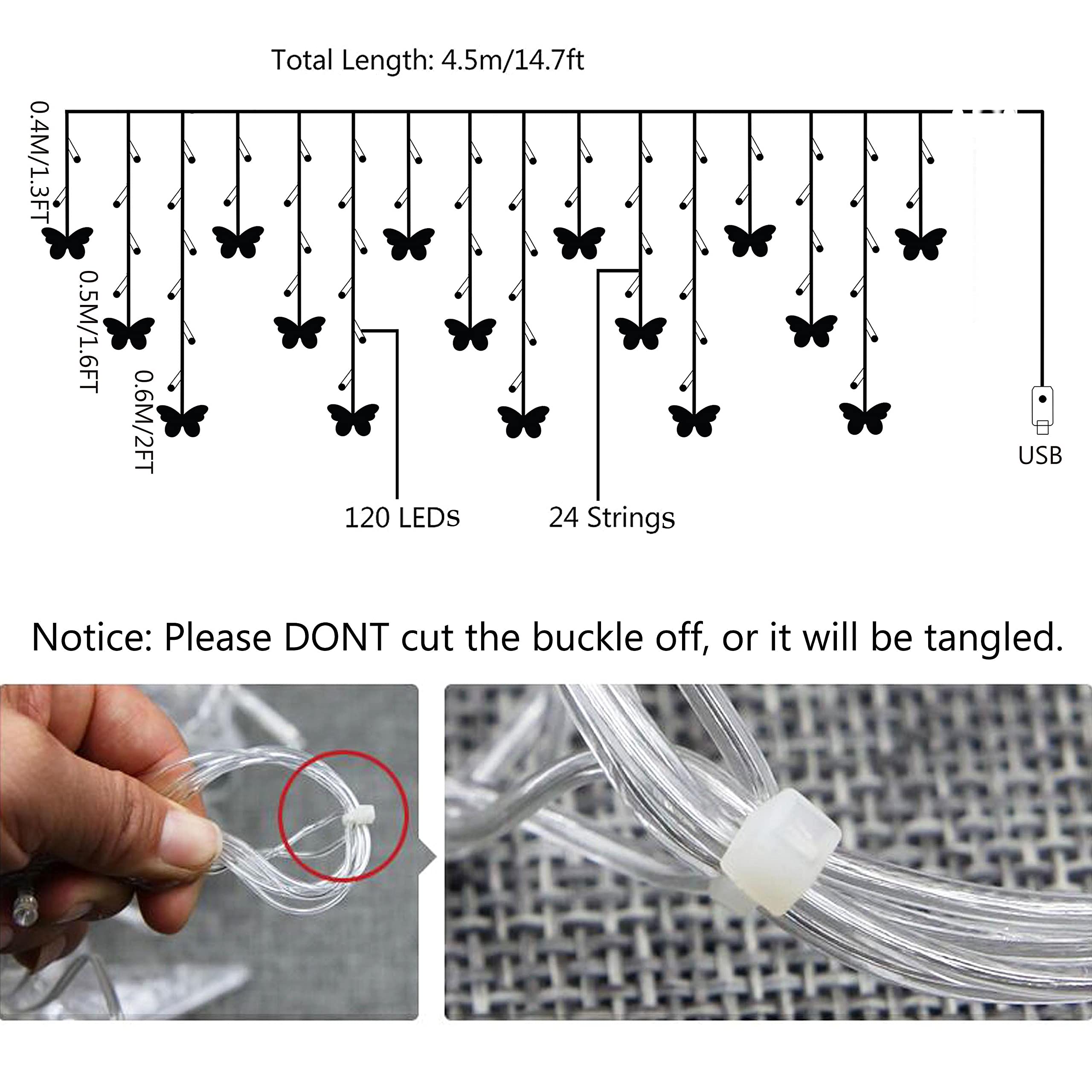 Schmetterlings-Vorhanglichter, 8 Modi, 120 LED-Lichterkette, USB-betrieben, Funkeln mit Fernbedienung, für Schlafzimmer, Hochzeit, Party, Weihnachten, Urlaub, Dekoration (4,5 x 0,6 m, lila)