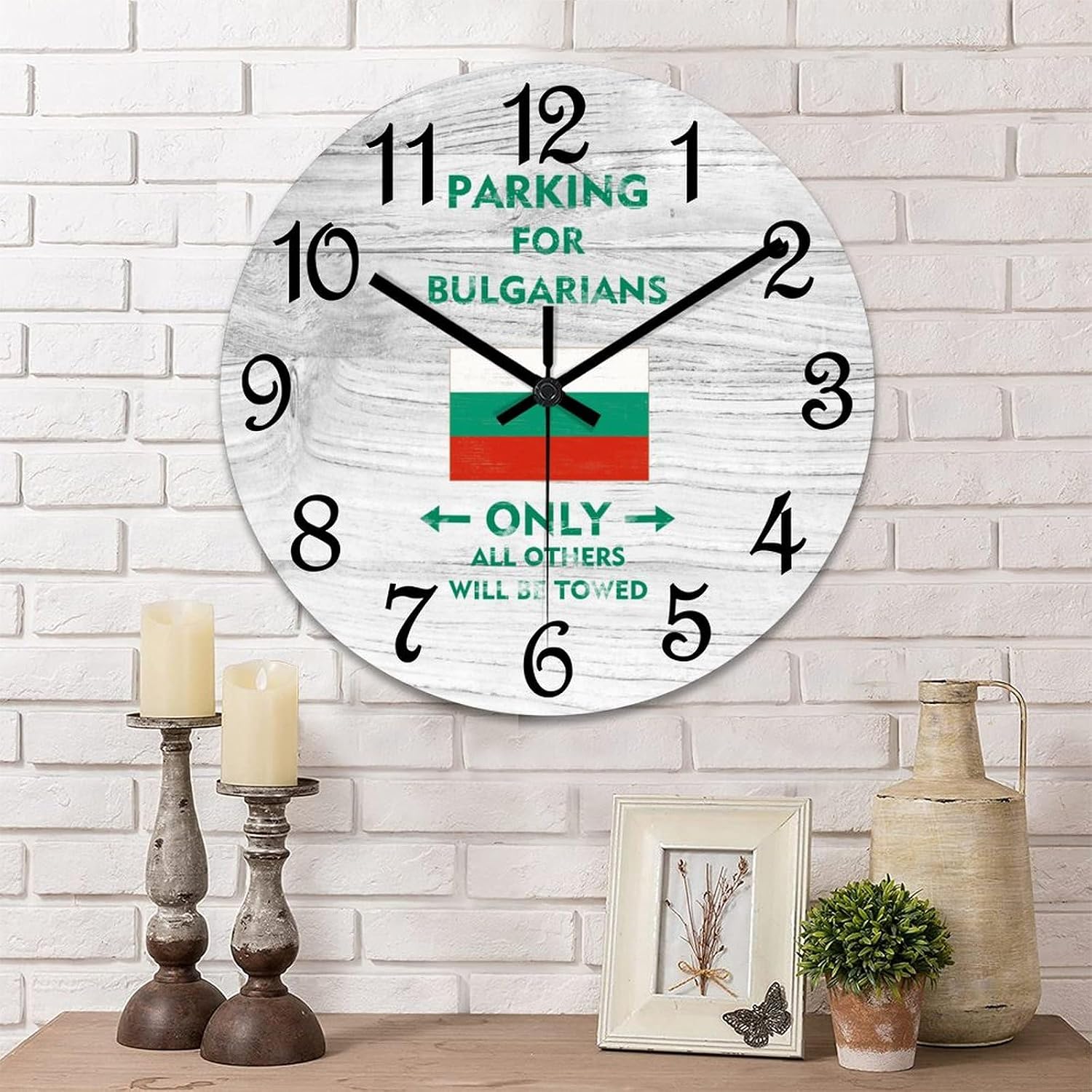 Parking for Bulgarians Only All Others Will Be Towed Wall Clock Bulgaria National Flag PVC Wall Clock 15inch Rustic Farmhouse Clock Silent Battery Operated Round Wall Decor for Bedroom Master Room