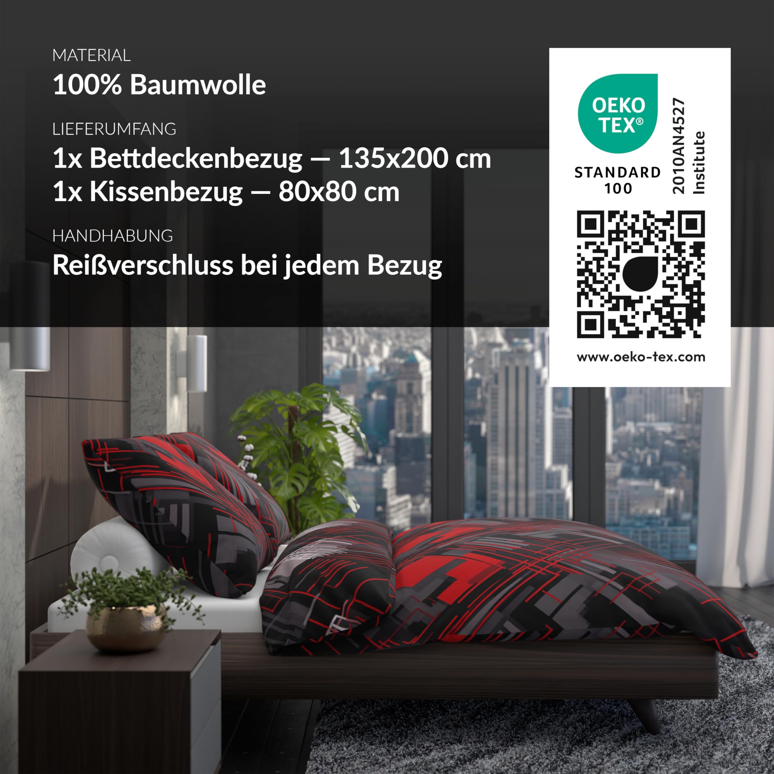 LARAWELL Biancheria da letto 135 x 200 cm, in cotone per tutto l'anno, set di biancheria da letto rosso grigio astratto geometrico Premium