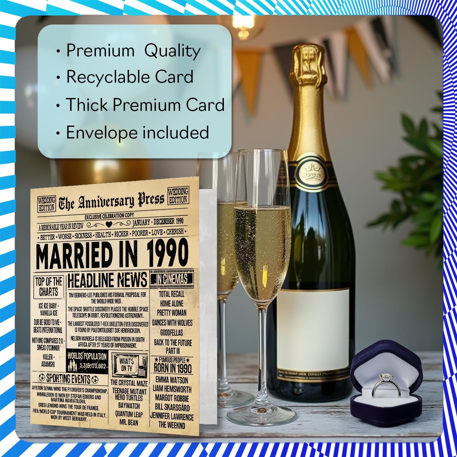 Stuff4 36th Anniversary Card for Women Men - Vintage Newspaper Married in 1990-36 Year Wedding Anniversary Card for Companion Wife Partner Husband, 5x7 Inch Anniversaries Greeting Cards
