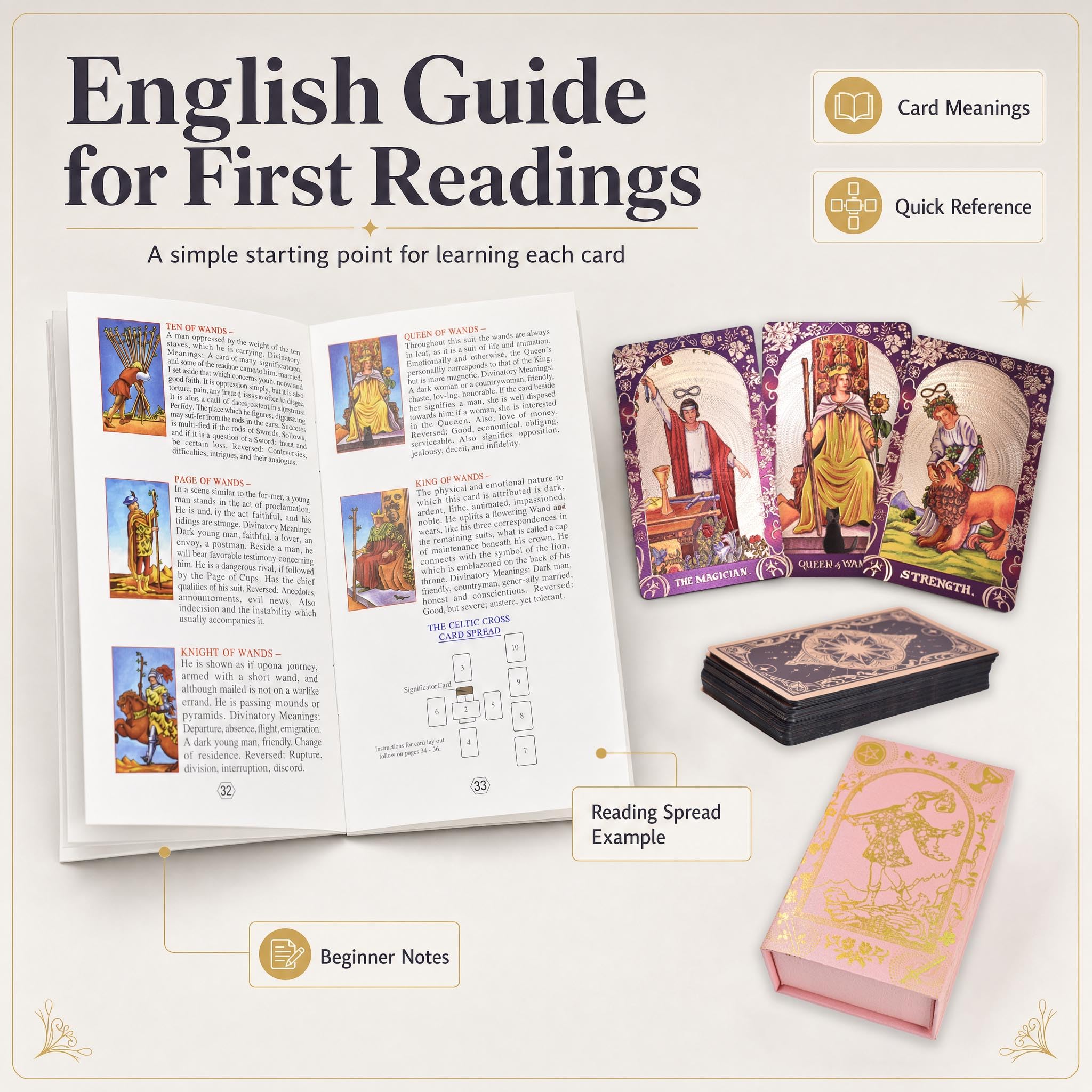 Baraja Tarot Rider Waite en Inglés, 78 Cartas con Lámina Dorada, Diseño Holográfico Impermeable Pet, 2 Cartas de Repuesto, Guía, Bolsa de Terciopelo y Caja de Regalo