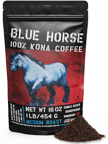 Farm-fresh: 100% Kona Coffee 16 oz Bag - Blue Horse 100% Kona Coffee from Hawaii - Ground Coffee