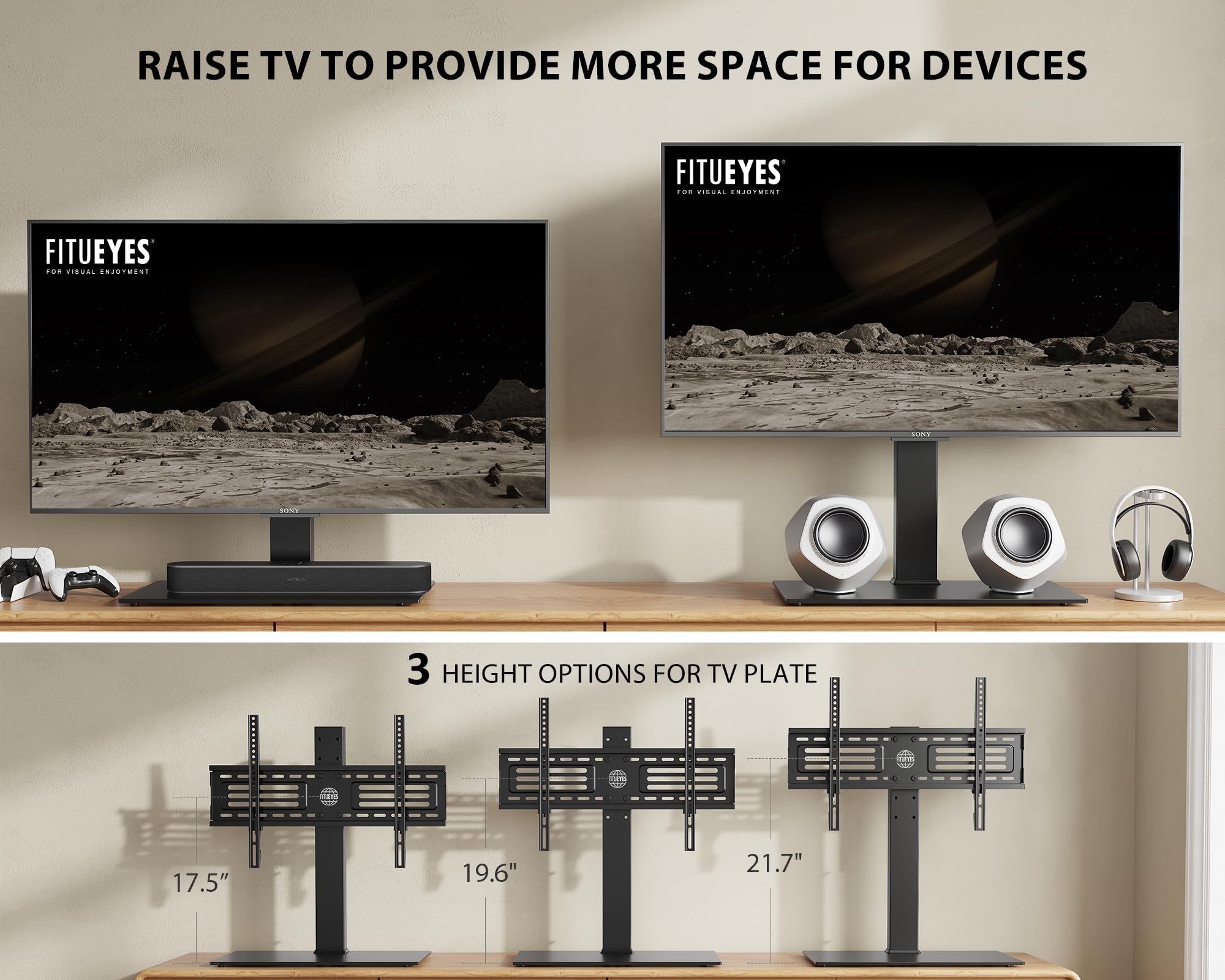 FITUEYES Soporte TV Mesa para Pantallas de 40 a 75 Pulgadas hasta 40kg,Soporte TV Pie de Mesa con Función de Altura Ajustable,Soporte TV de Pie Negro con Base de Cristal,MAX VESA 600x400mm