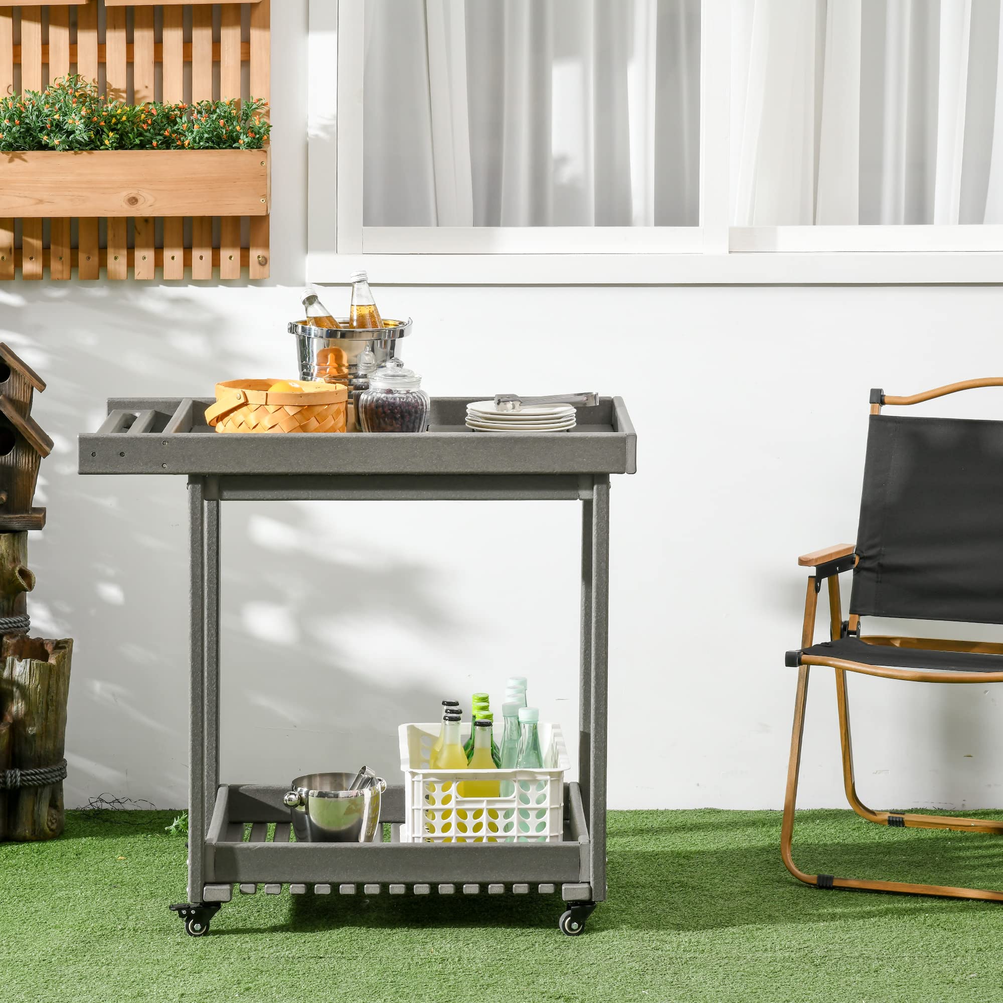 Outsunny Servierwagen, Barbecue Trolley mit Handtuchhalter, Garten Rollwagen mit 2 Regalen, Outdoor Multifunktionstisch mit Rollen, für Garten, Balkon, 87 x 50 x 80cm