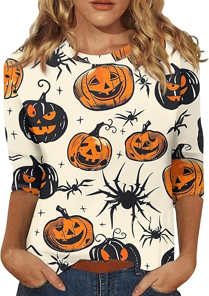 Halloween Shirts for Women 3/4 Sleeve Plus Size Crewneck Loose Fit Cute T Shirt Halloween Costumes for Women 2025
