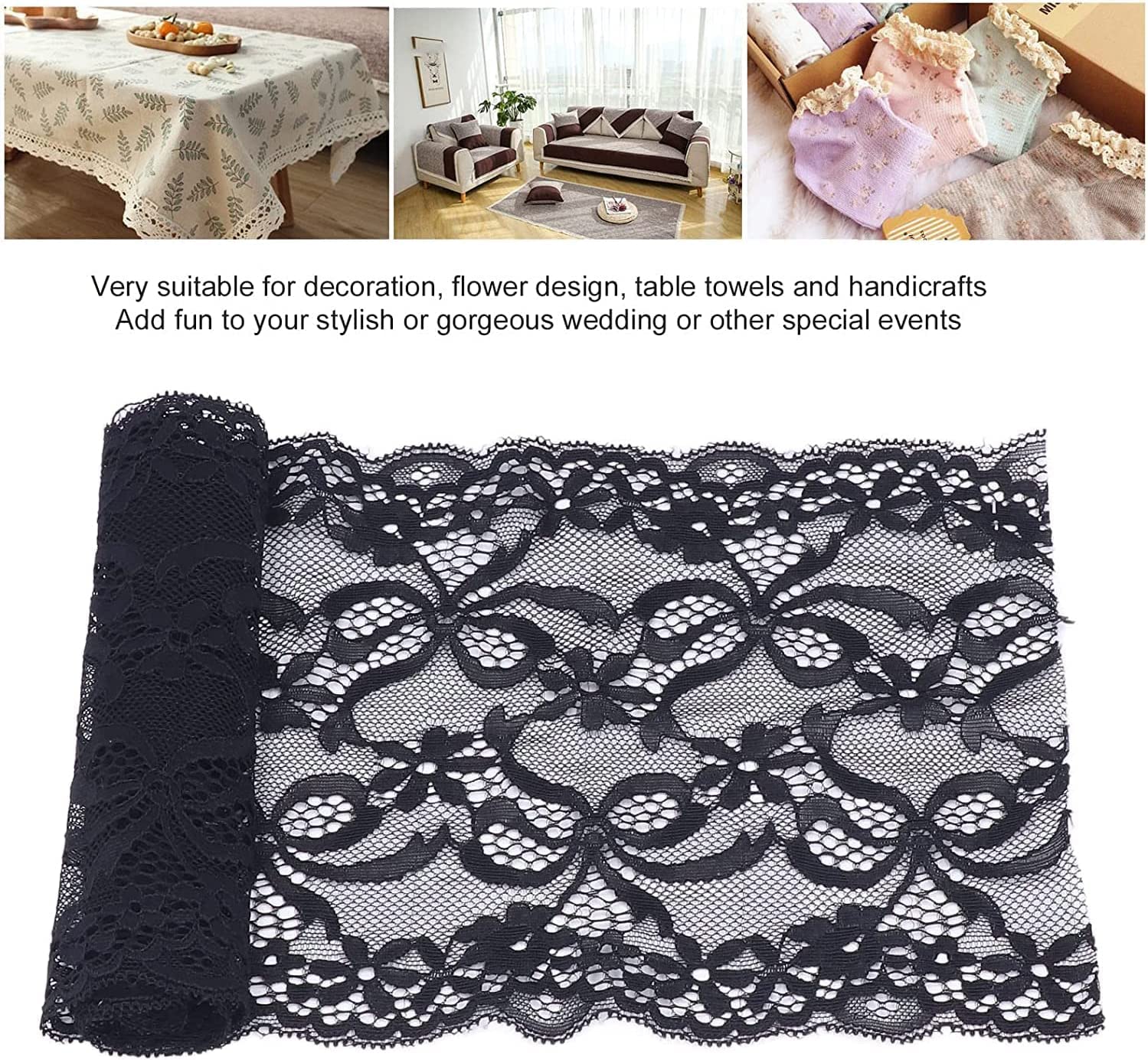Pizzo cucito fai-da-te, tessuto con rifiniture in pizzo a nastro, nastro da 10 iarde, tessuto bianco nero di buona elasticità largo 17 cm for decorazioni di nozze Bril Confezione regalo artigianale fa