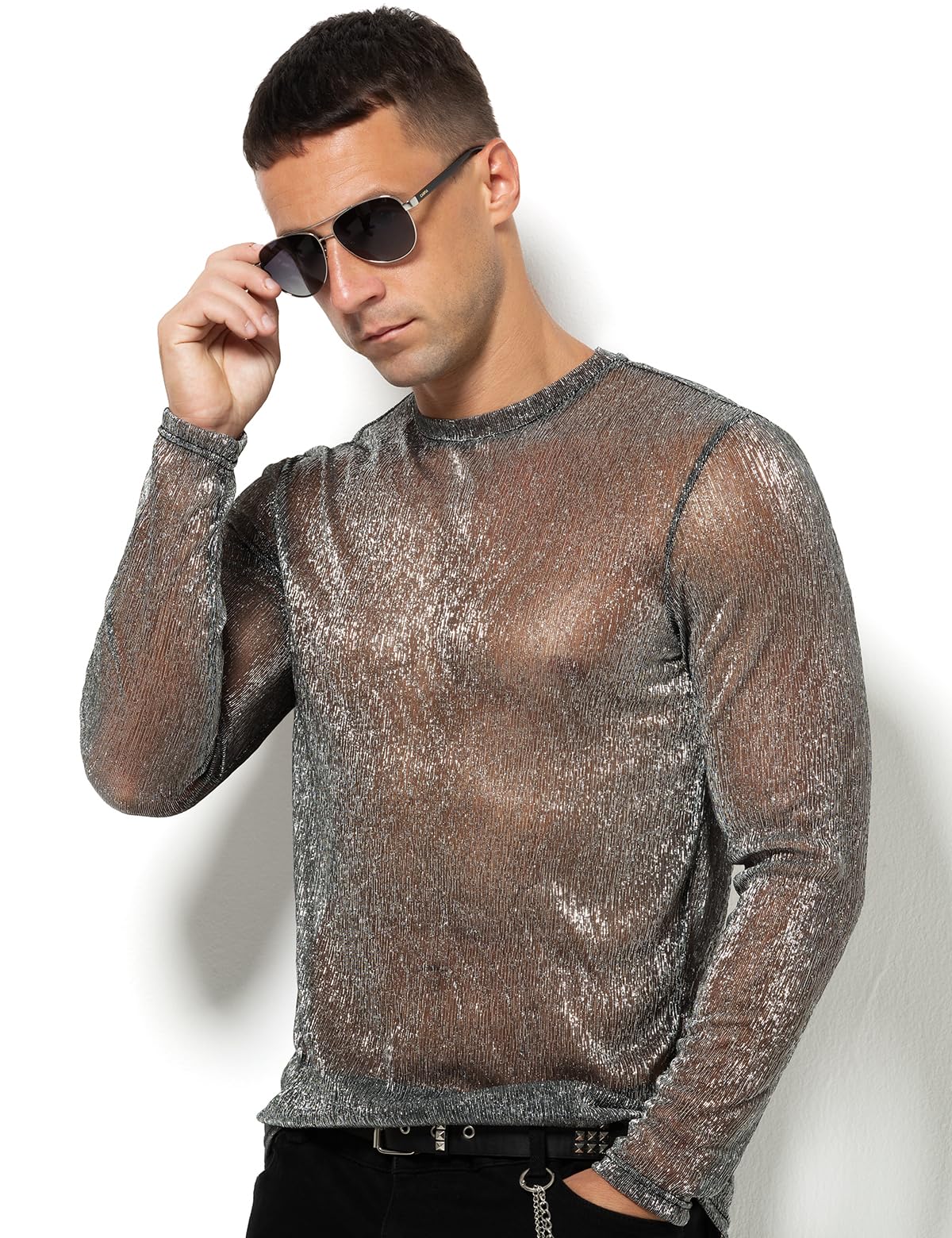 Casey Kevin Camiseta Transparentes Manga Larga Hombre Brillo Lentejuelas Rejilla Camisa Fiesta Plateada Brillante Ropa Sexy Top Fiesta Discoteca Punk Nocturno Jazz Rock Hip Hop Dance Clubwear